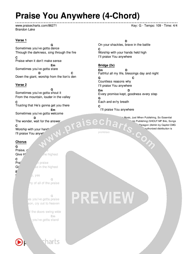 Praise You Anywhere (4-Chord) Chords & Lyrics (Brandon Lake)