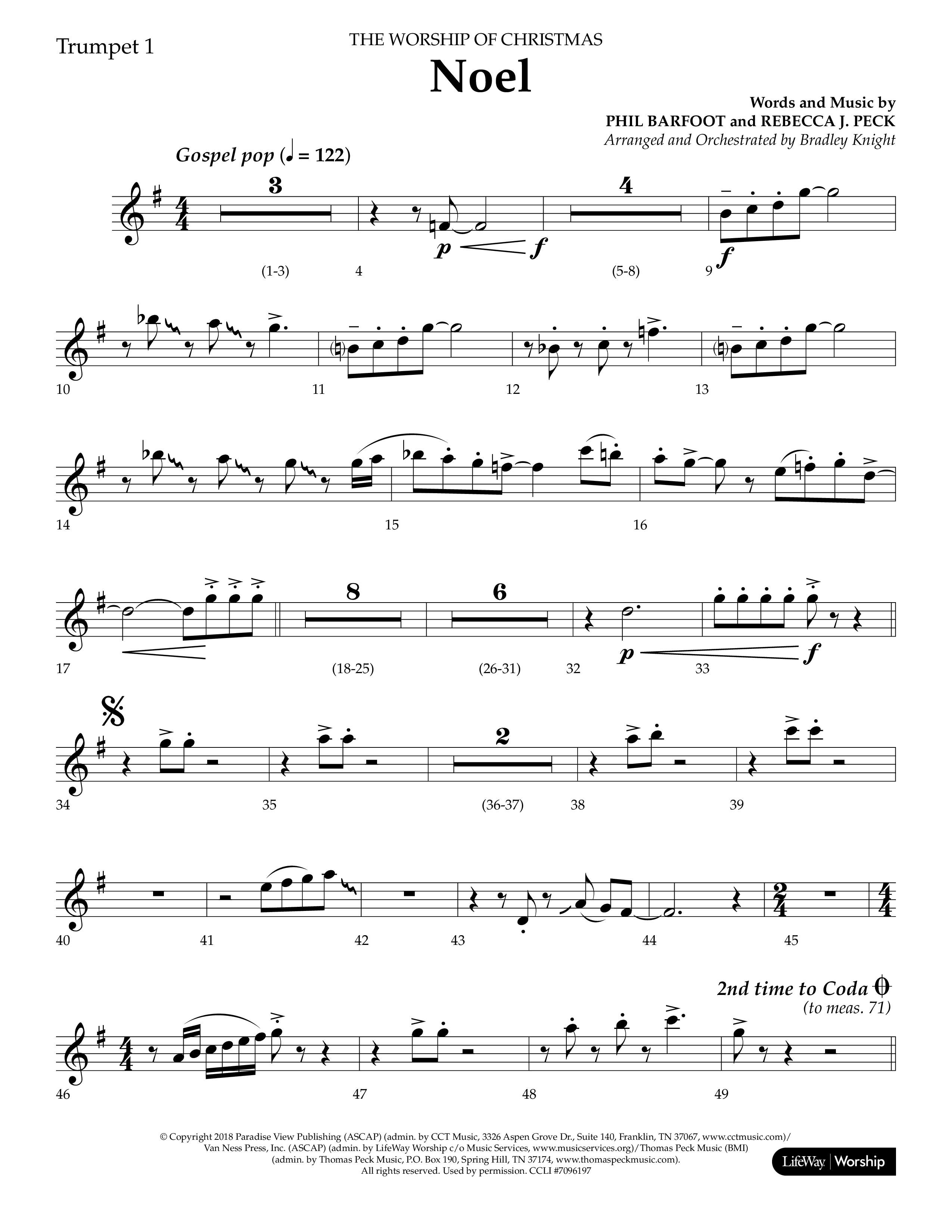 Noel (Choral Anthem SATB) Trumpet 1 (Lifeway Choral / Arr. Bradley Knight)