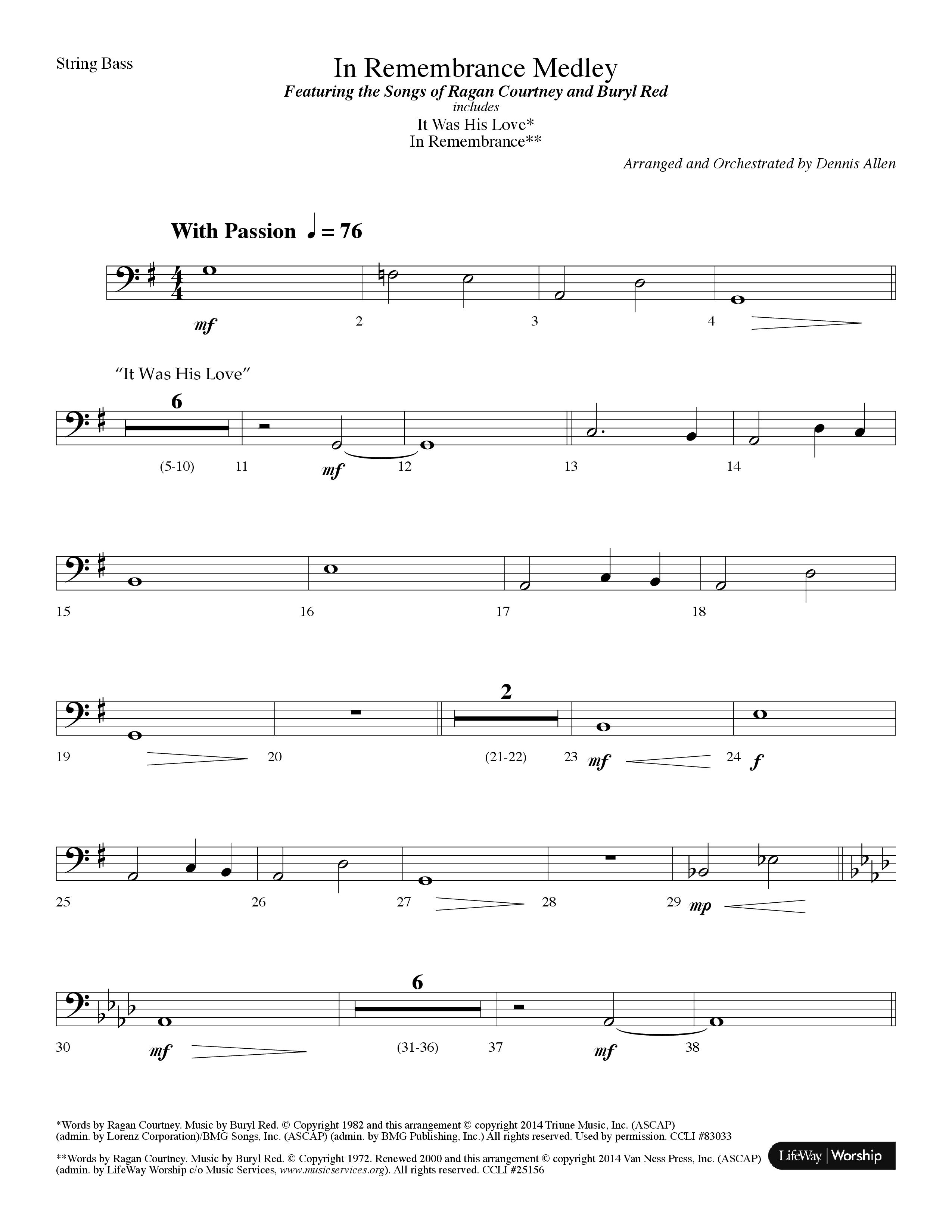 In Remembrance Medley (with It Was His Love, In Remembrance) (Choral Anthem SATB) String Bass (Lifeway Choral / Arr. Dennis Allen)