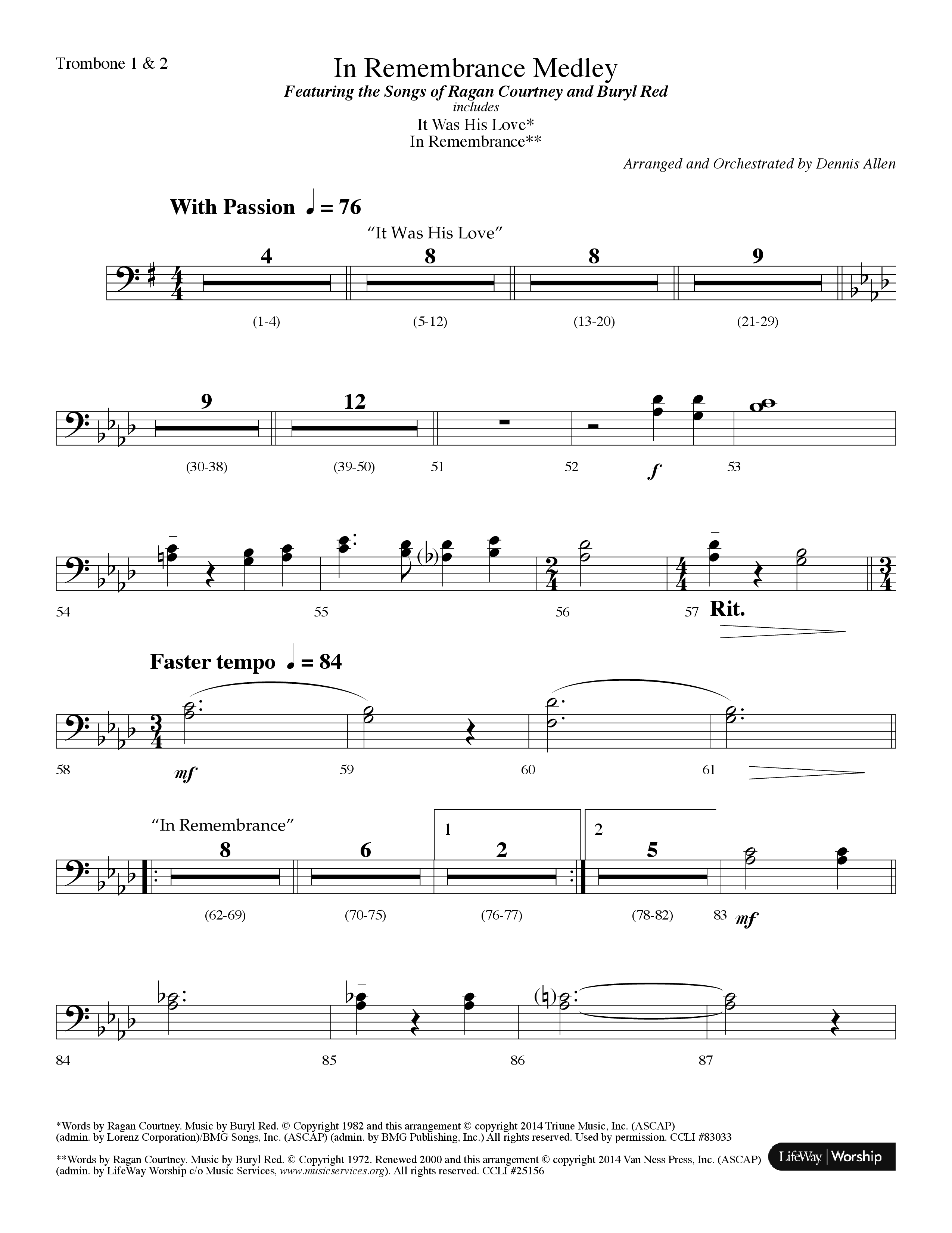 In Remembrance Medley (with It Was His Love, In Remembrance) (Choral Anthem SATB) Trombone 1/2 (Lifeway Choral / Arr. Dennis Allen)
