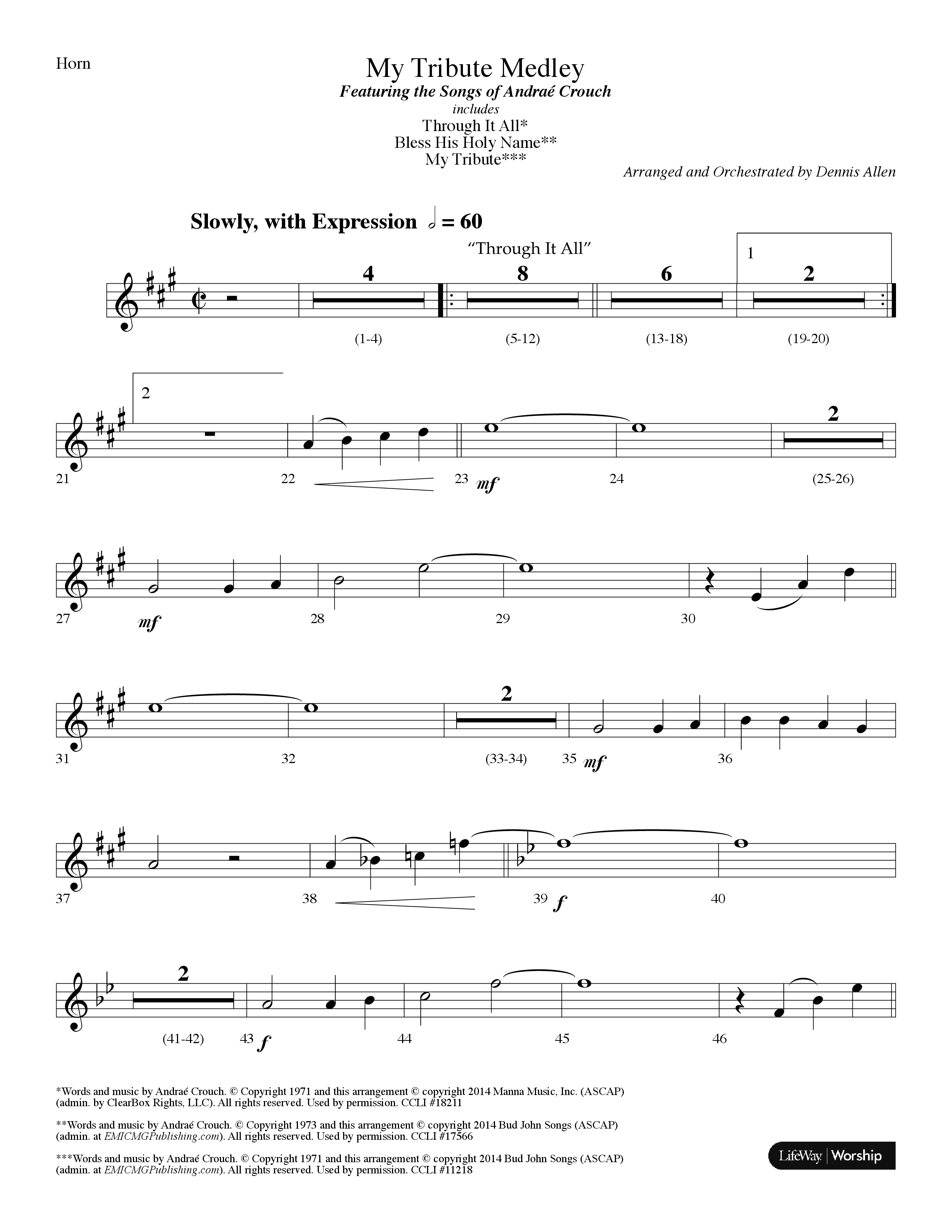 My Tribute Medley (with Through It All, Bless His Holy Name, My Tribute) (Choral Anthem SATB) French Horn (Lifeway Choral / Arr. Dennis Allen)