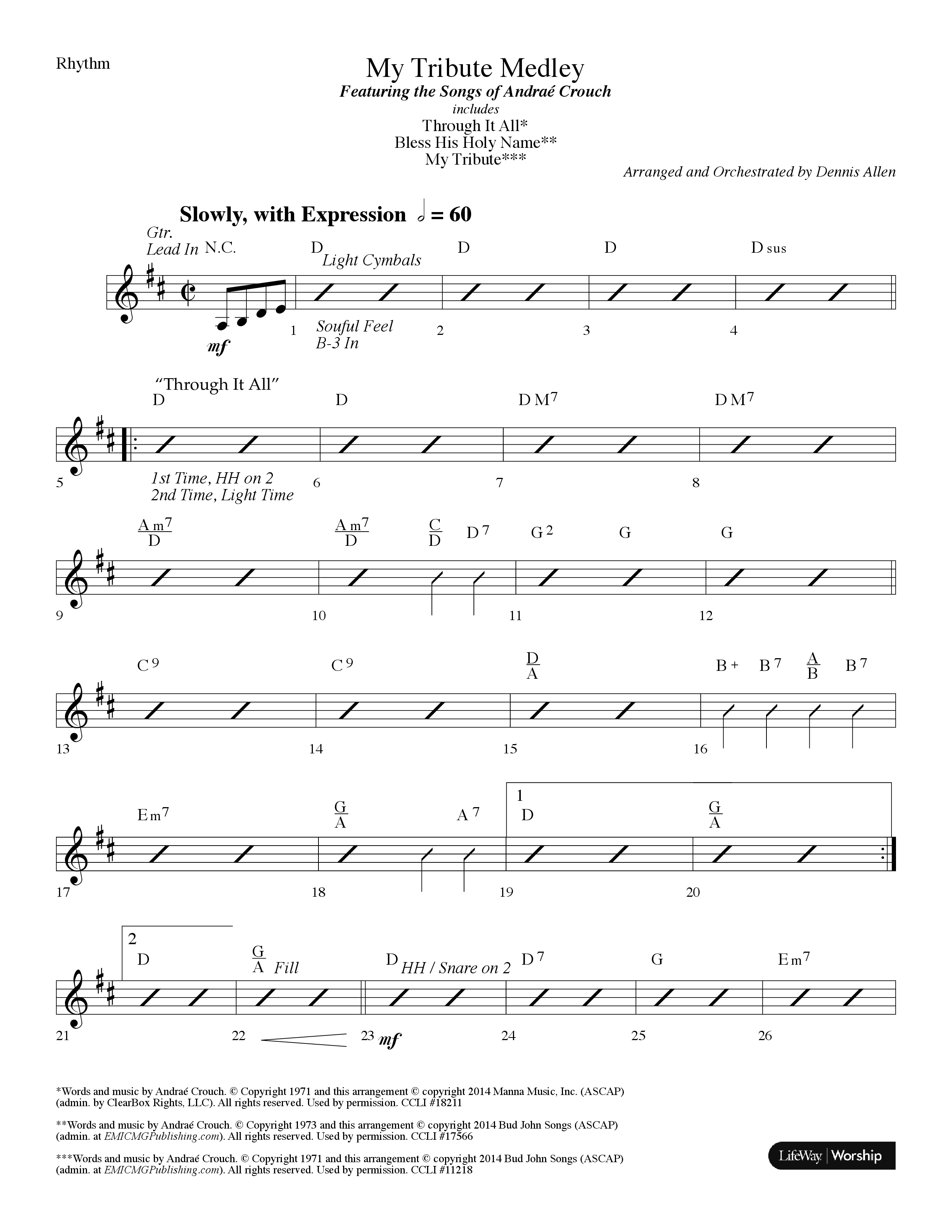 My Tribute Medley (with Through It All, Bless His Holy Name, My Tribute) (Choral Anthem SATB) Rhythm Chart (Lifeway Choral / Arr. Dennis Allen)