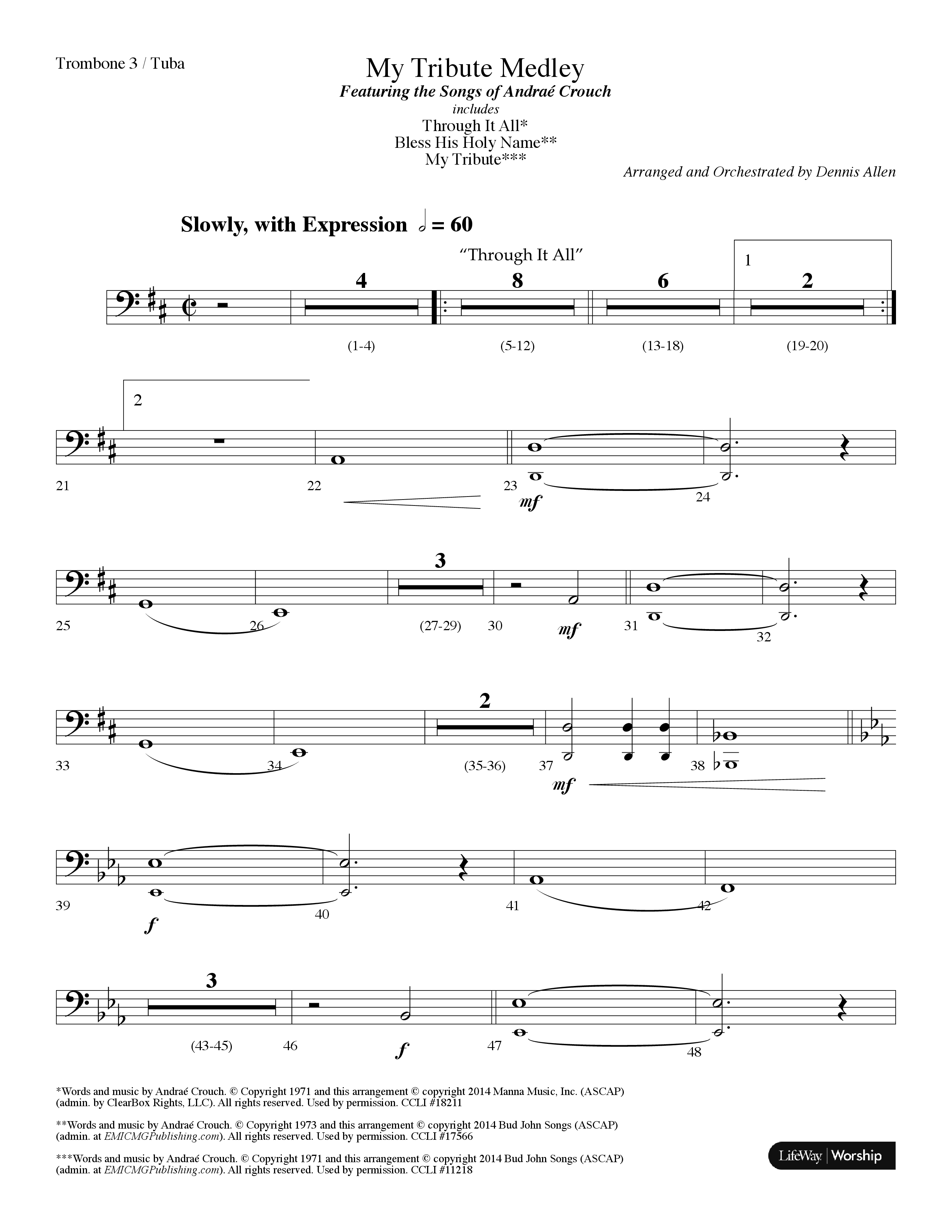 My Tribute Medley (with Through It All, Bless His Holy Name, My Tribute) (Choral Anthem SATB) Trombone 3/Tuba (Lifeway Choral / Arr. Dennis Allen)