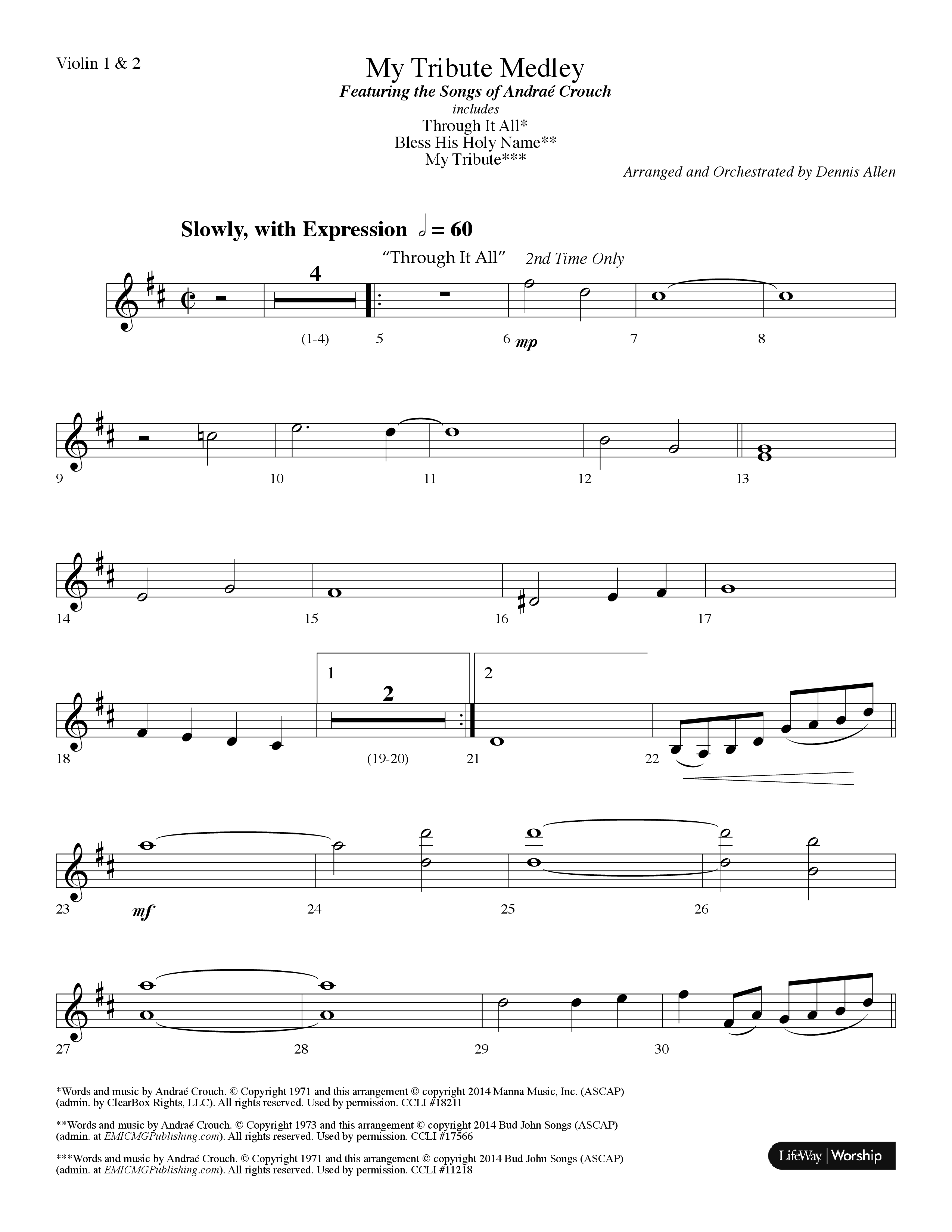 My Tribute Medley (with Through It All, Bless His Holy Name, My Tribute) (Choral Anthem SATB) Violin 1/2 (Lifeway Choral / Arr. Dennis Allen)