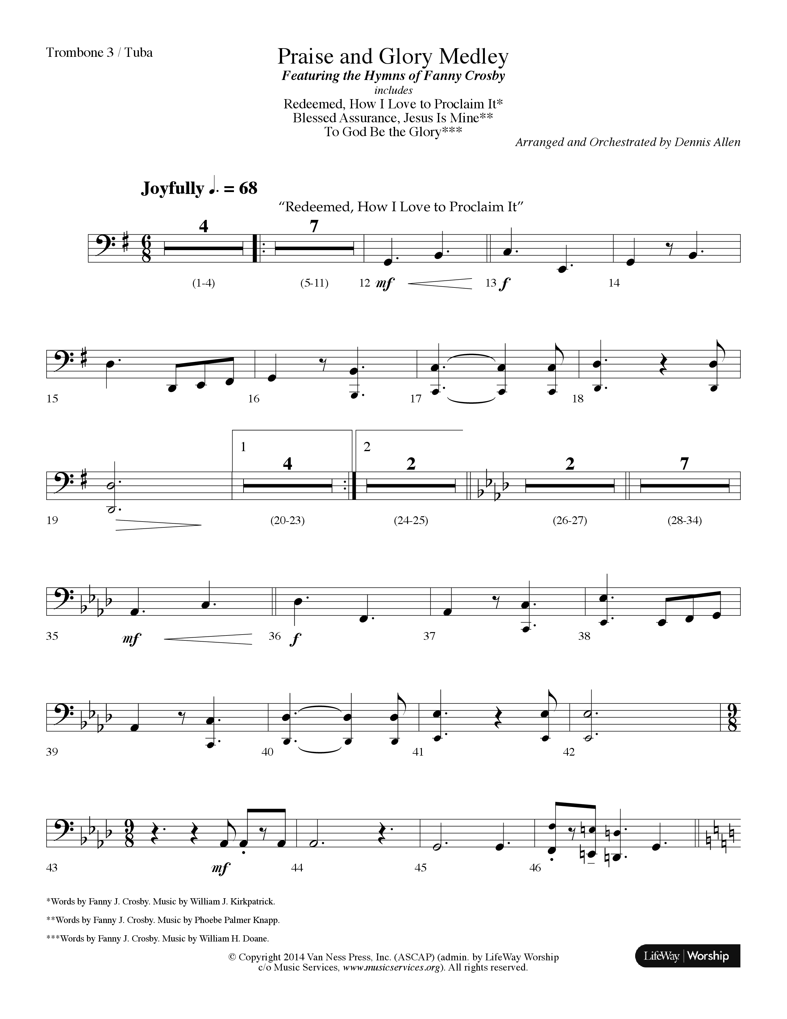 Praise And Glory Medley (Choral Anthem SATB) Trombone 3/Tuba (Lifeway Choral / Arr. Dennis Allen)