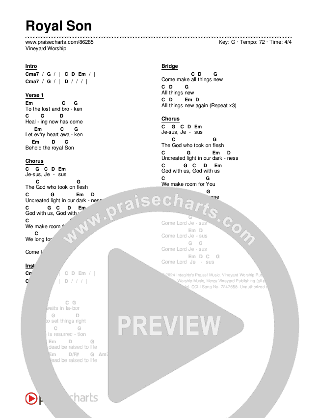 Royal Son Chord Chart (Vineyard Worship)