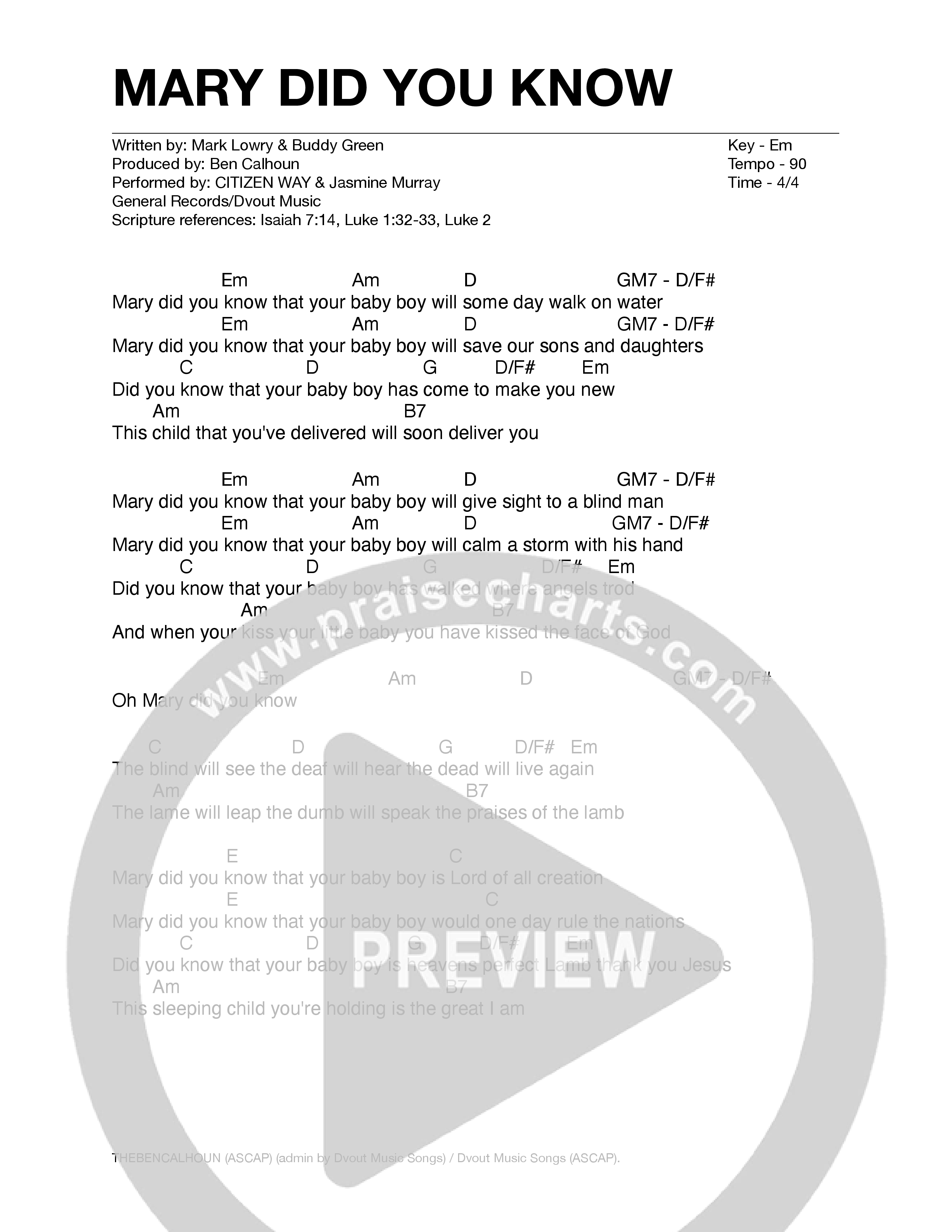 Mary Did You Know Chord Chart (Citizen Way / Jasmine Murray)