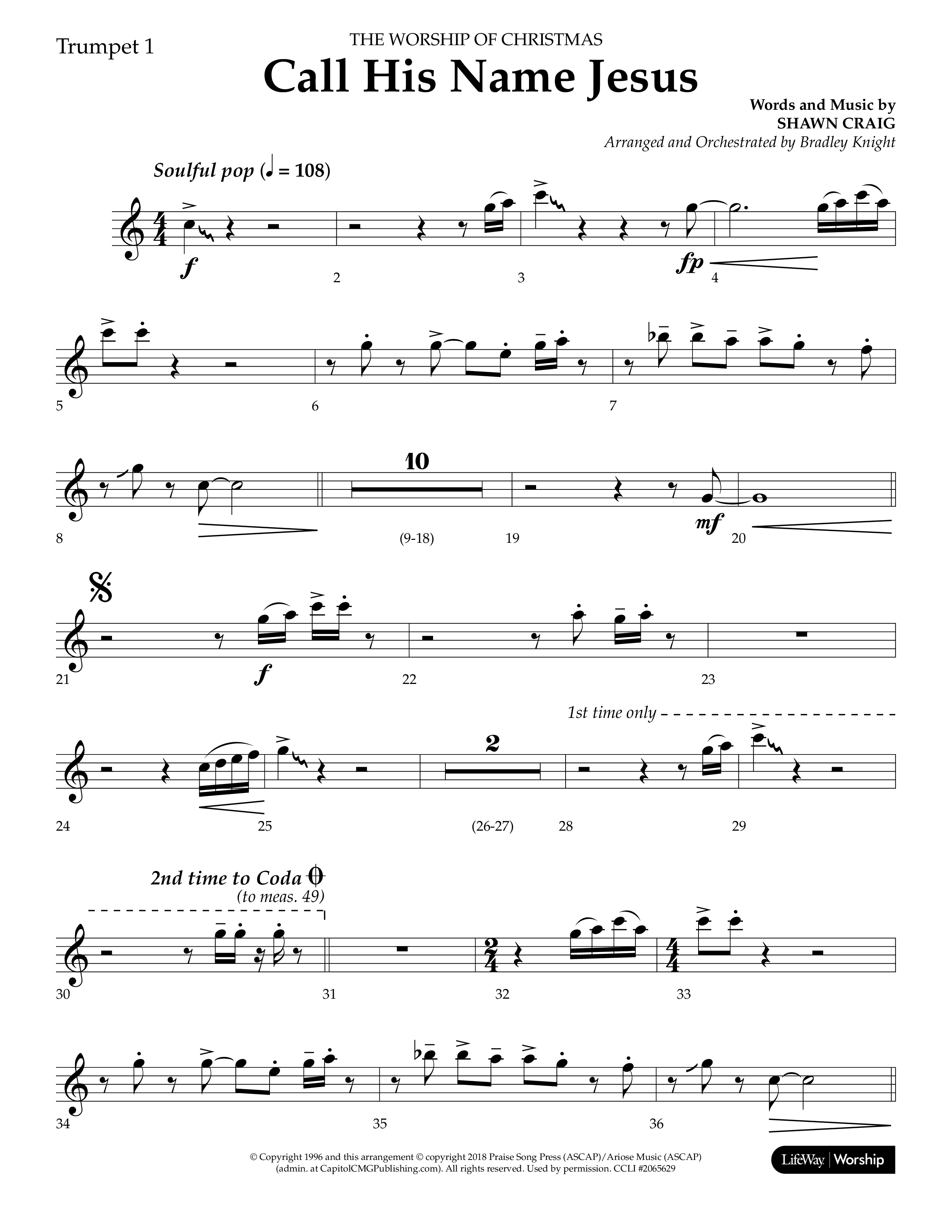 Call His Name Jesus (Choral Anthem SATB) Trumpet 1 (Lifeway Choral / Arr. Bradley Knight)