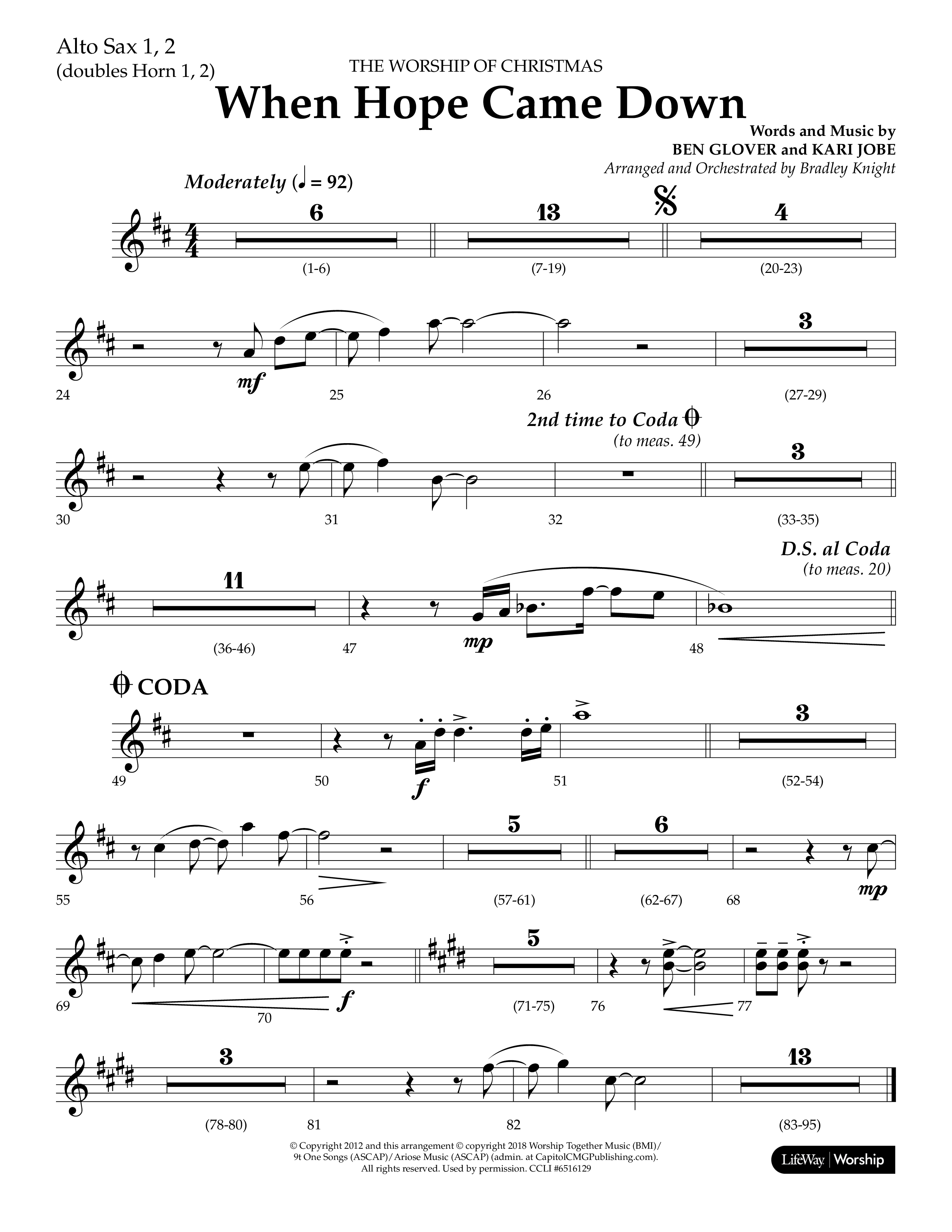 When Hope Came Down (Choral Anthem SATB) Alto Sax 1/2 (Lifeway Choral / Arr. Bradley Knight)
