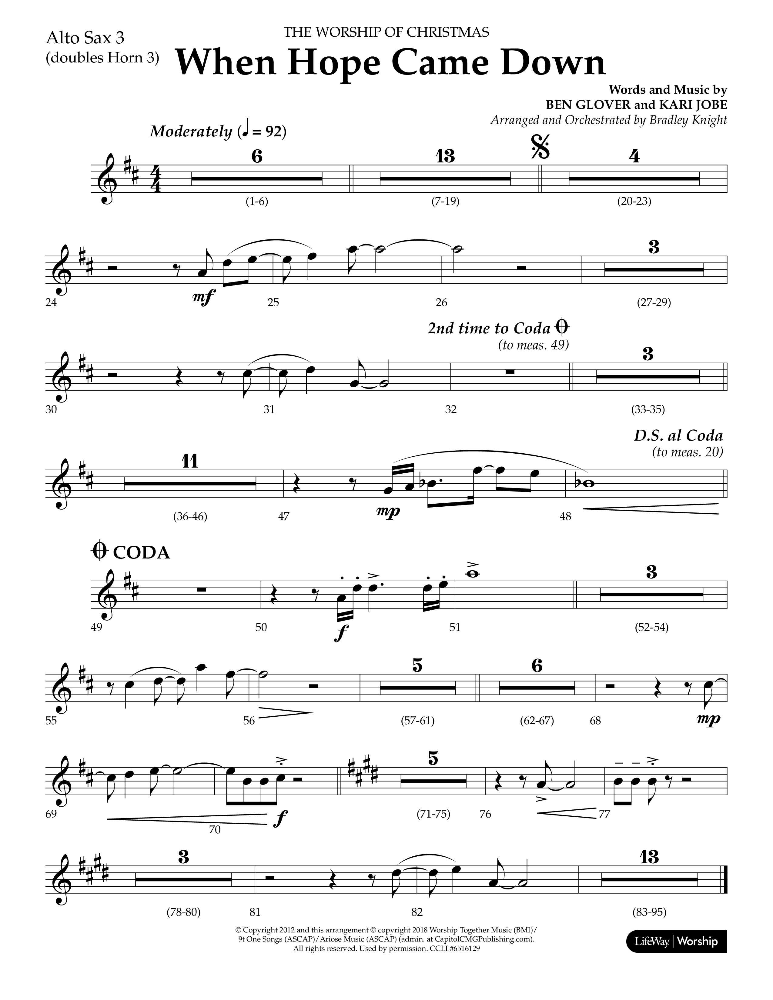 When Hope Came Down (Choral Anthem SATB) Alto Sax (Lifeway Choral / Arr. Bradley Knight)