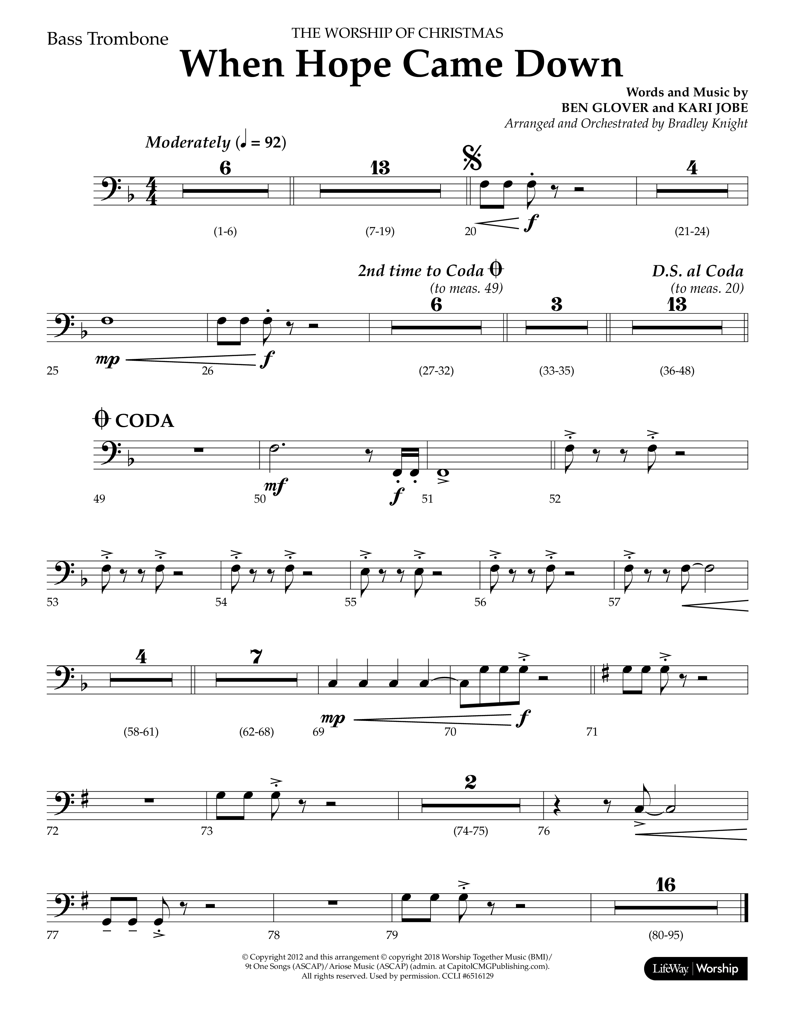 When Hope Came Down (Choral Anthem SATB) Bass Trombone (Lifeway Choral / Arr. Bradley Knight)