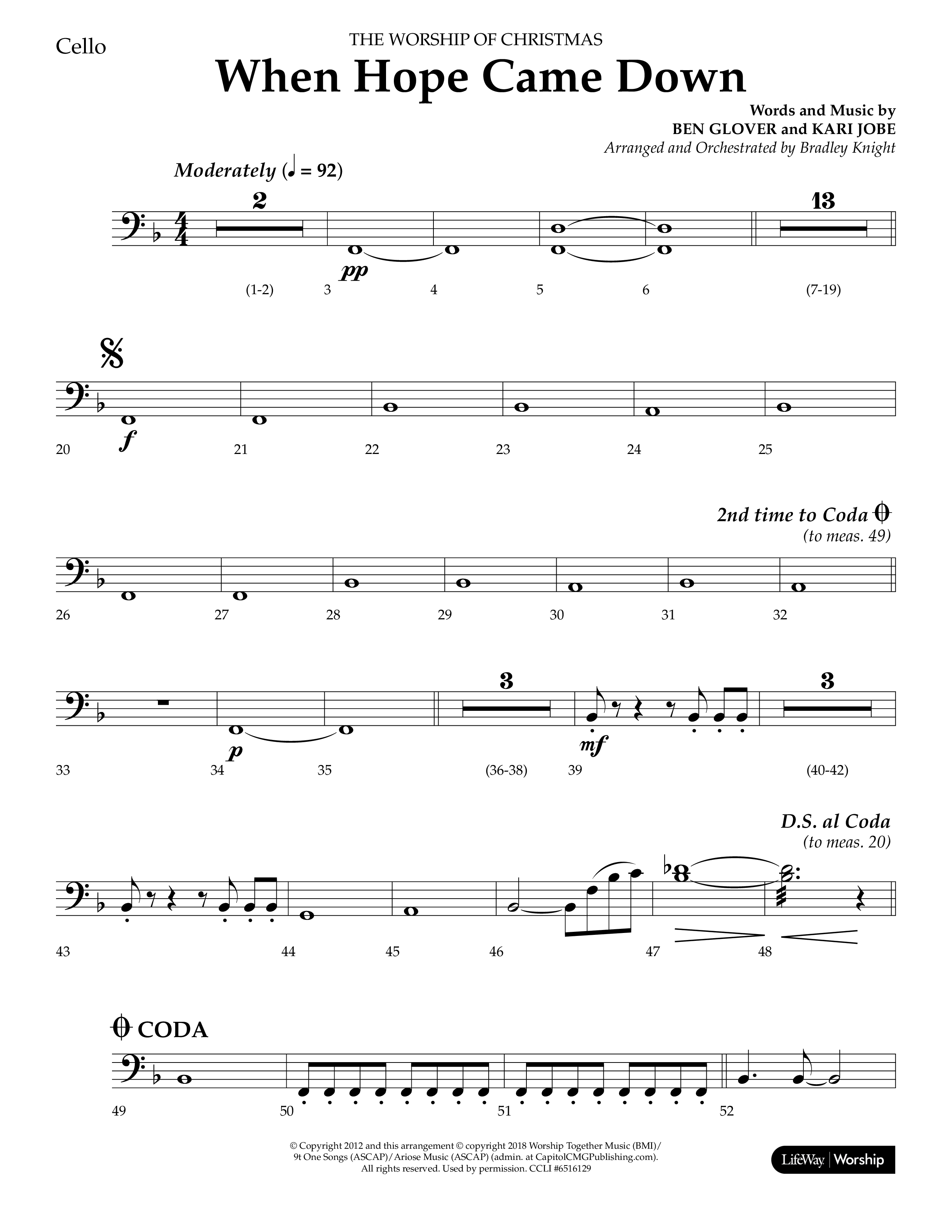 When Hope Came Down (Choral Anthem SATB) Cello (Lifeway Choral / Arr. Bradley Knight)