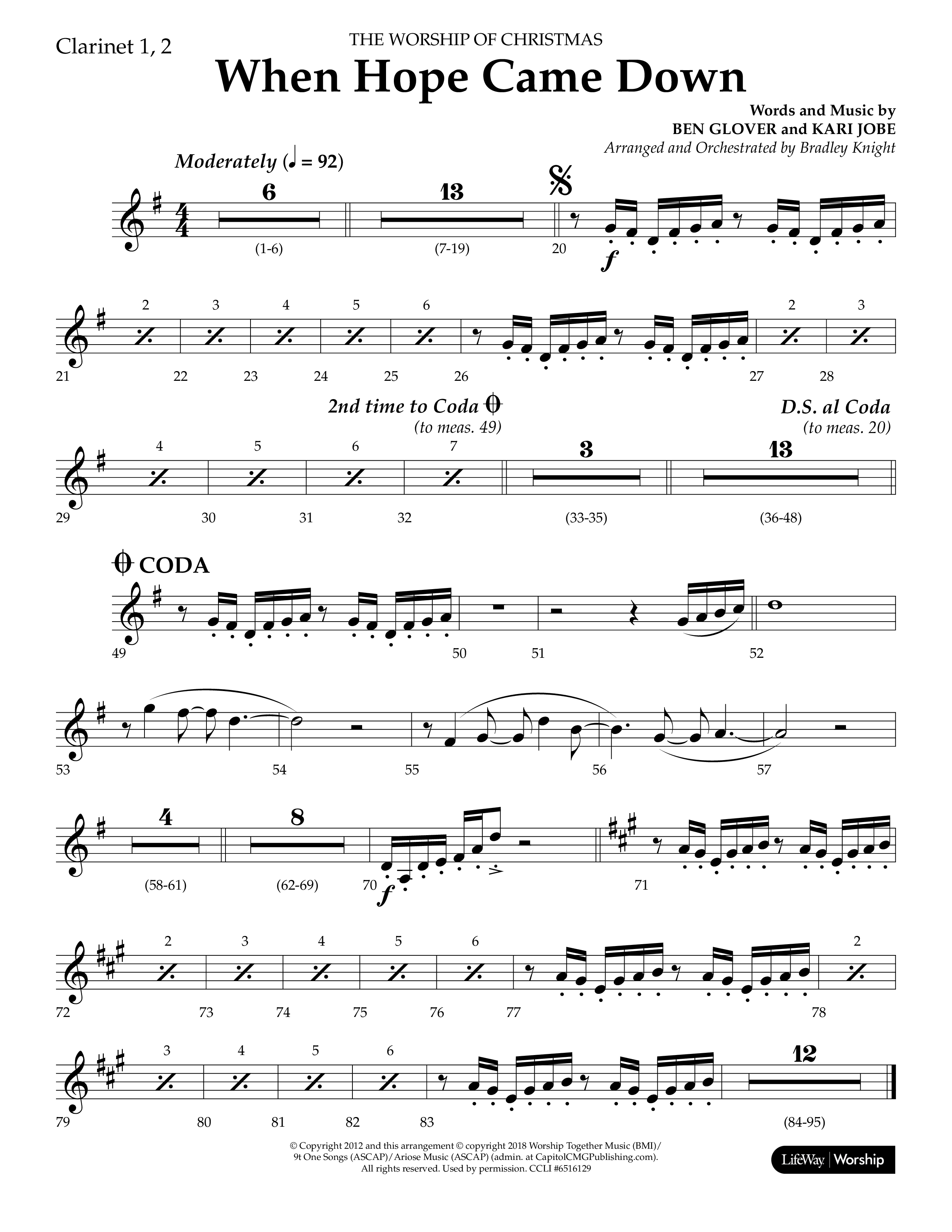 When Hope Came Down (Choral Anthem SATB) Clarinet 1/2 (Lifeway Choral / Arr. Bradley Knight)