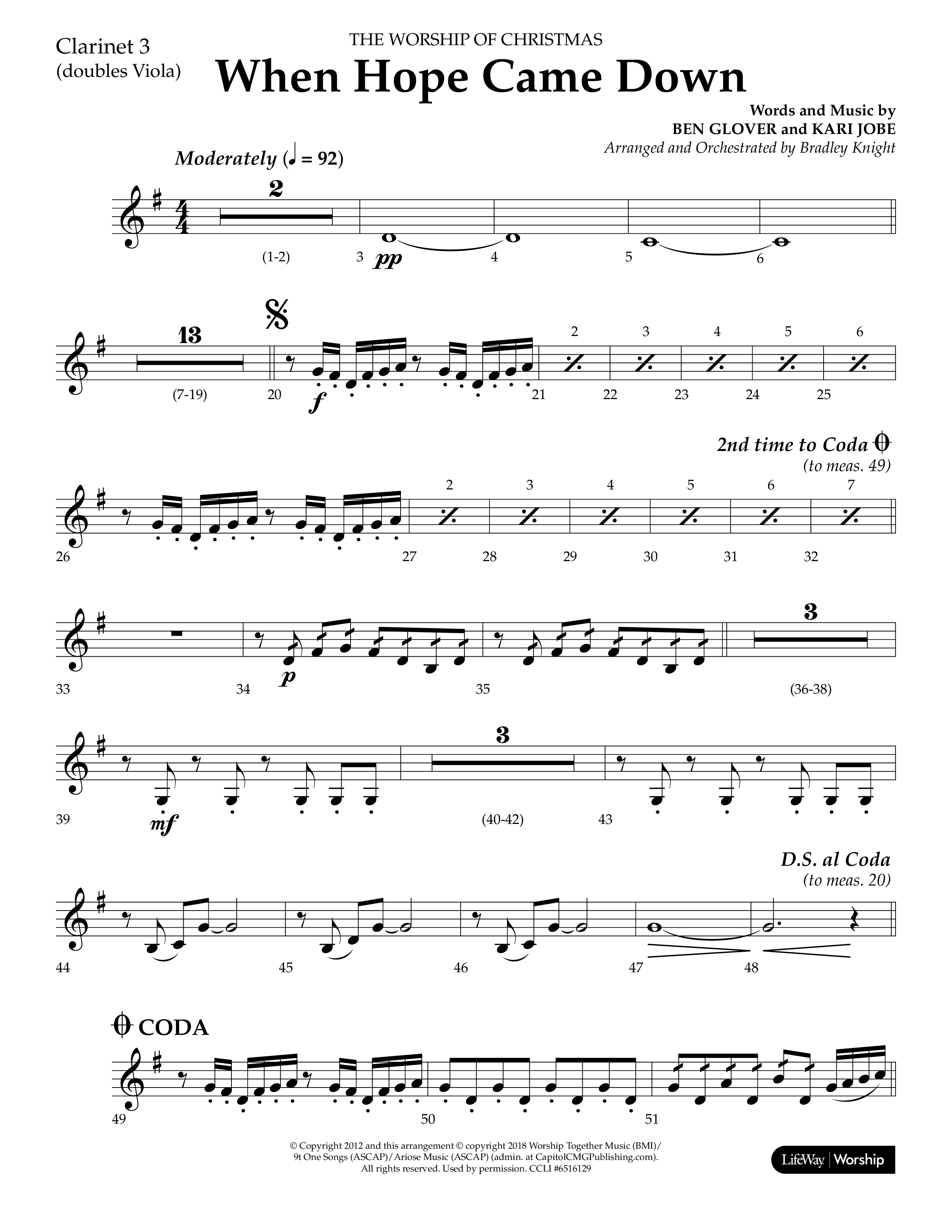When Hope Came Down (Choral Anthem SATB) Clarinet 3 (Lifeway Choral / Arr. Bradley Knight)