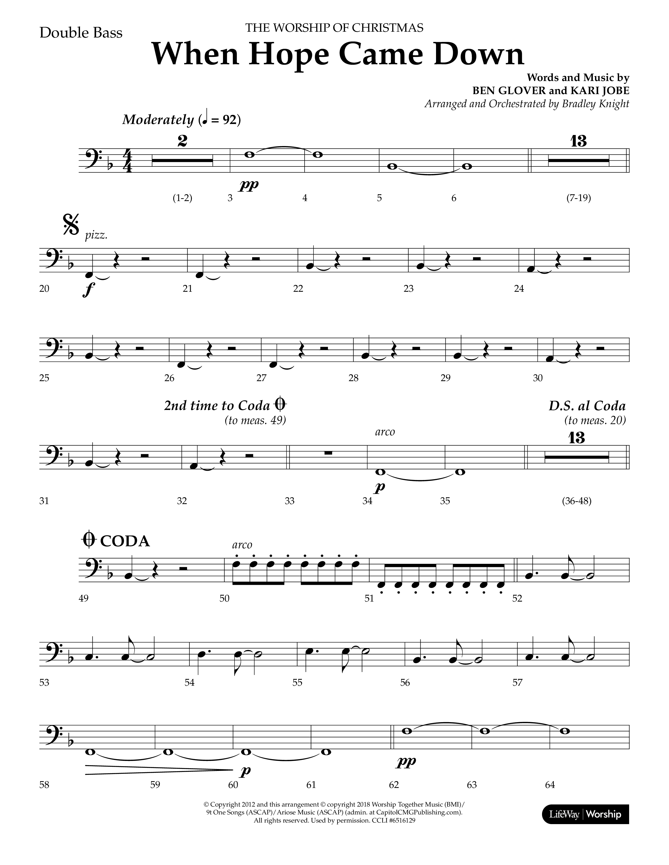 When Hope Came Down (Choral Anthem SATB) Double Bass (Lifeway Choral / Arr. Bradley Knight)