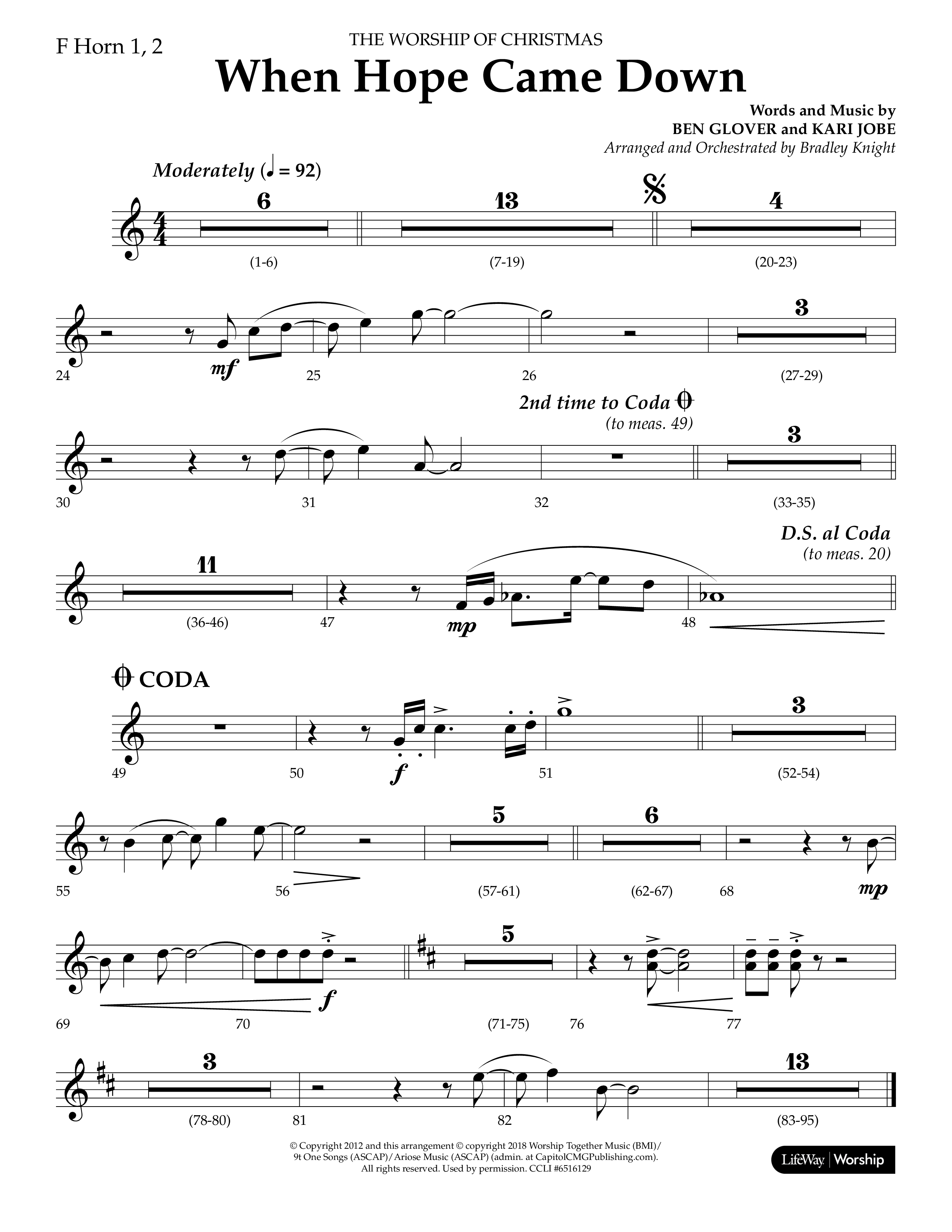 When Hope Came Down (Choral Anthem SATB) French Horn 1/2 (Lifeway Choral / Arr. Bradley Knight)