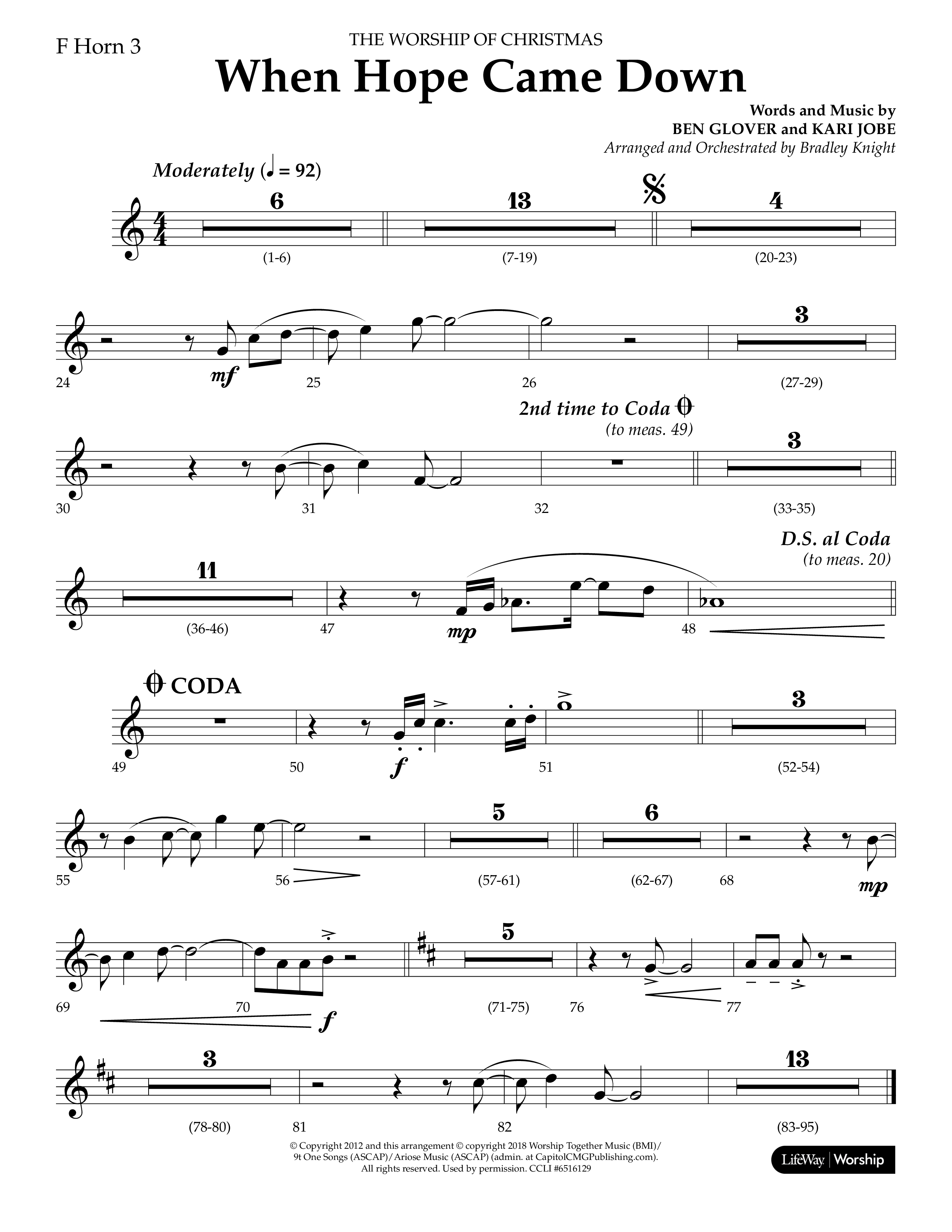 When Hope Came Down (Choral Anthem SATB) French Horn 3 (Lifeway Choral / Arr. Bradley Knight)