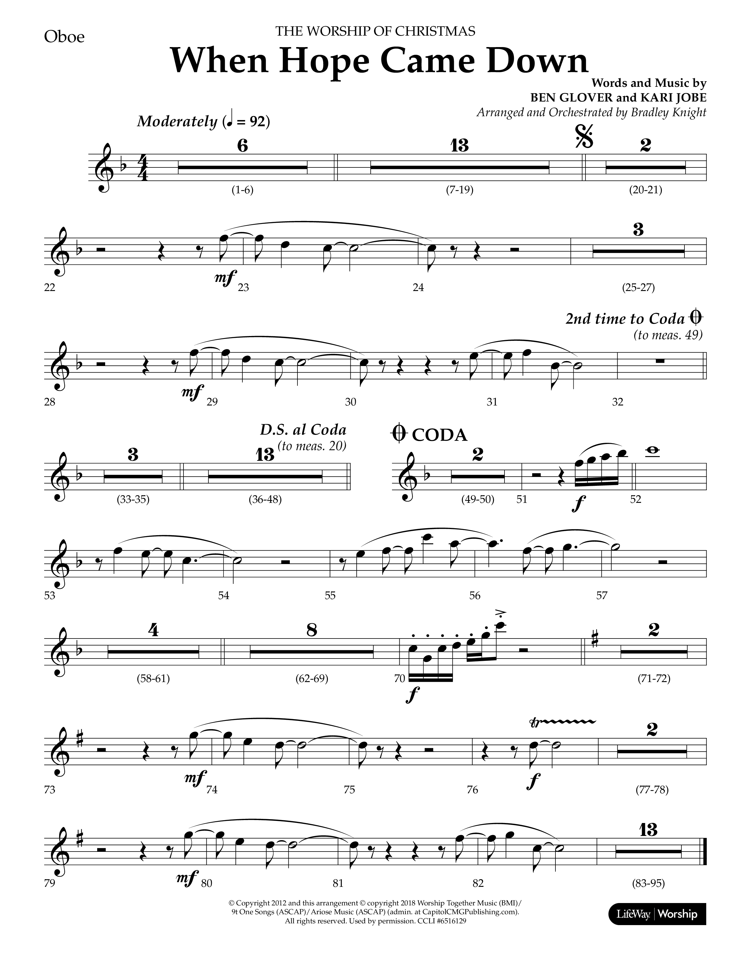 When Hope Came Down (Choral Anthem SATB) Oboe (Lifeway Choral / Arr. Bradley Knight)