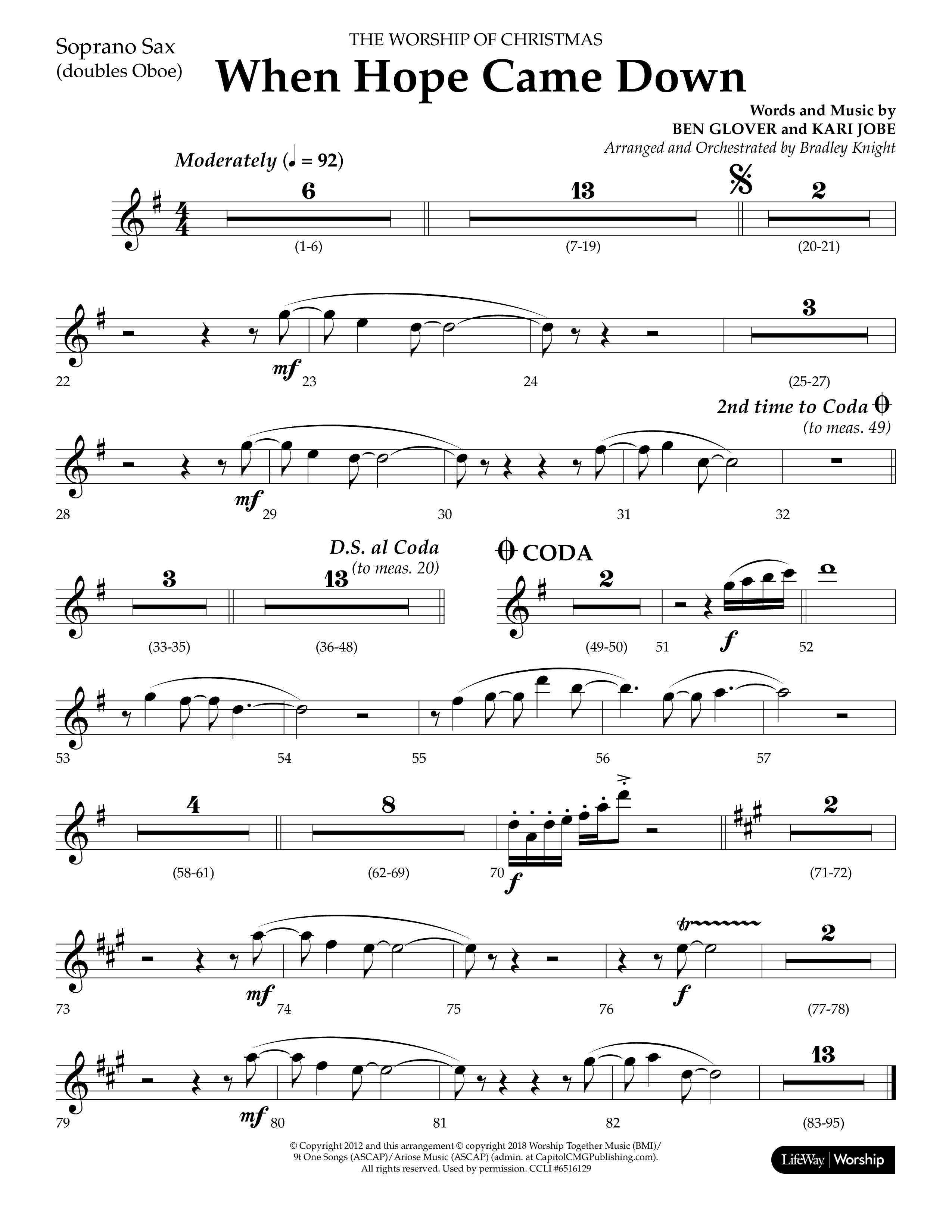 When Hope Came Down (Choral Anthem SATB) Soprano Sax (Lifeway Choral / Arr. Bradley Knight)