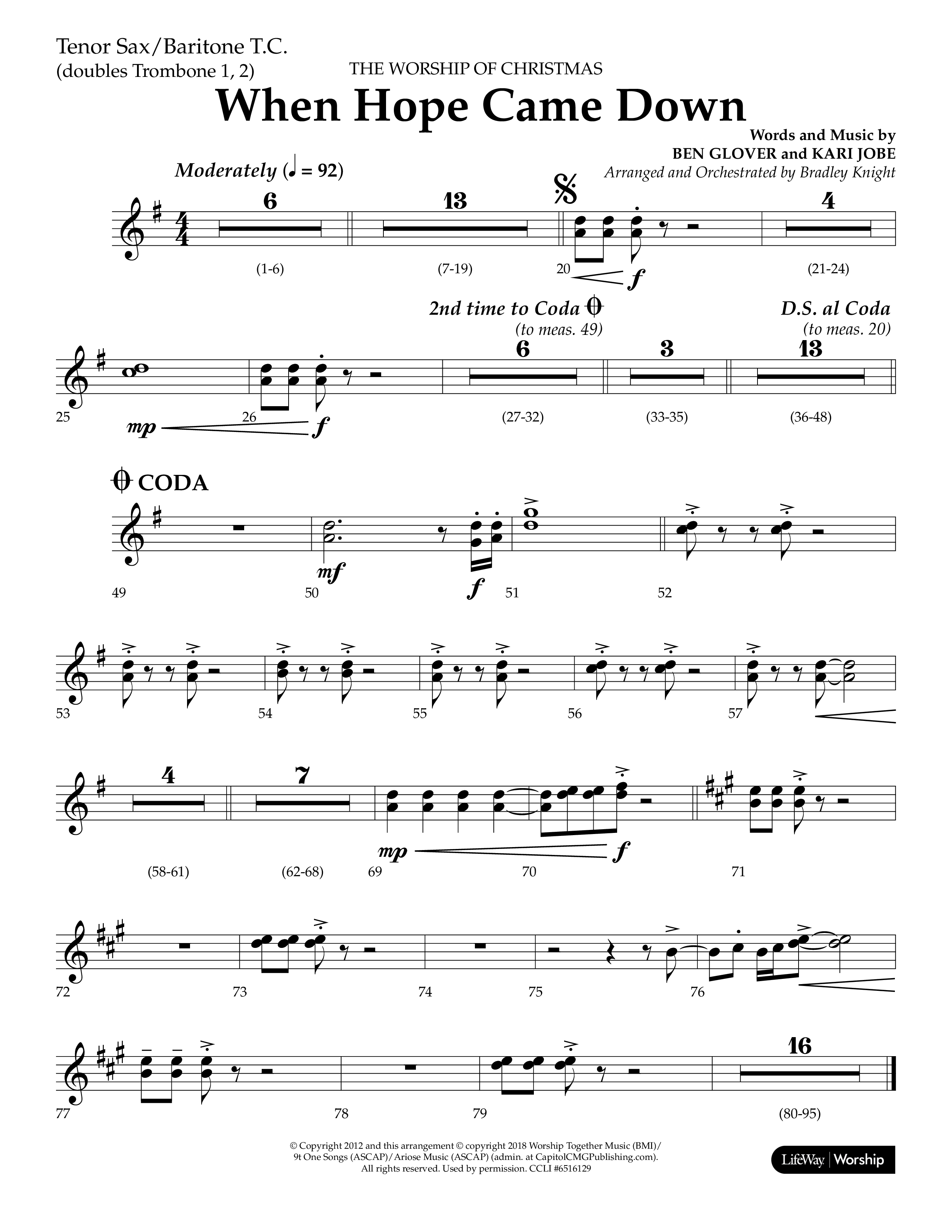 When Hope Came Down (Choral Anthem SATB) Tenor Sax/Baritone T.C. (Lifeway Choral / Arr. Bradley Knight)