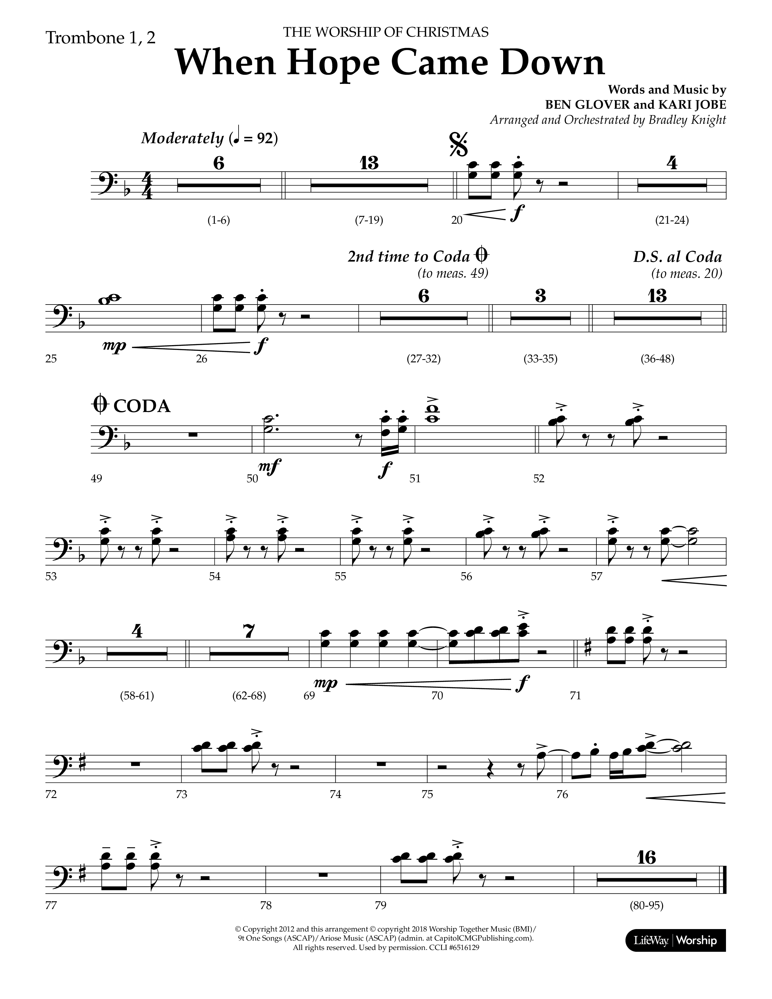 When Hope Came Down (Choral Anthem SATB) Trombone 1/2 (Lifeway Choral / Arr. Bradley Knight)