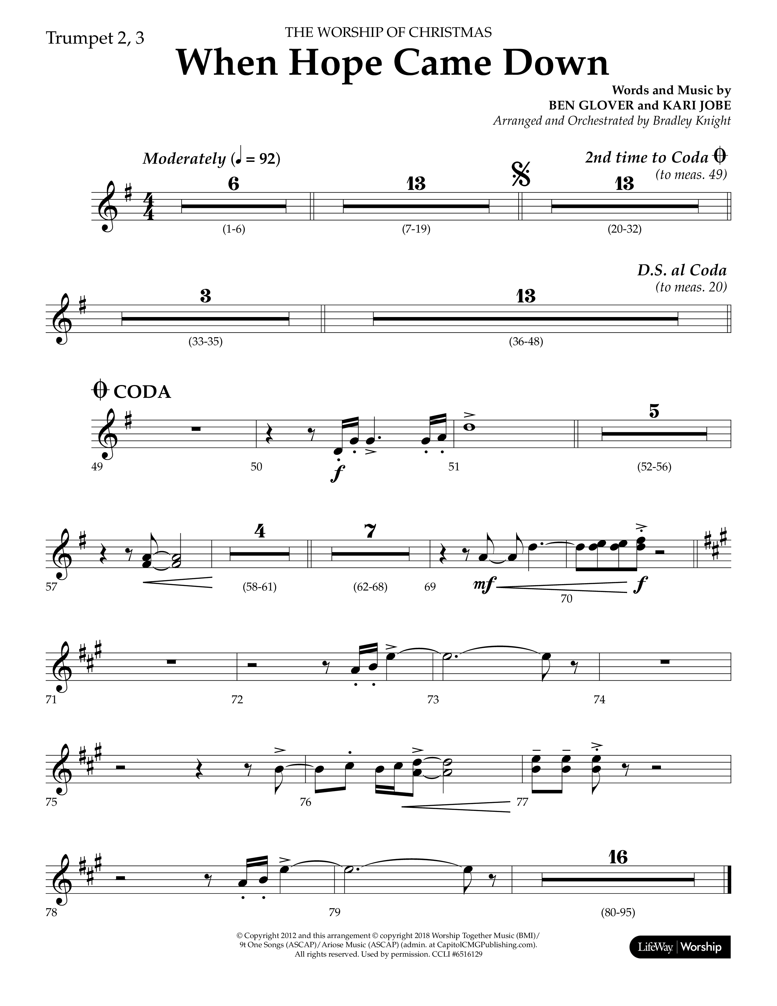 When Hope Came Down (Choral Anthem SATB) Trumpet 2/3 (Lifeway Choral / Arr. Bradley Knight)