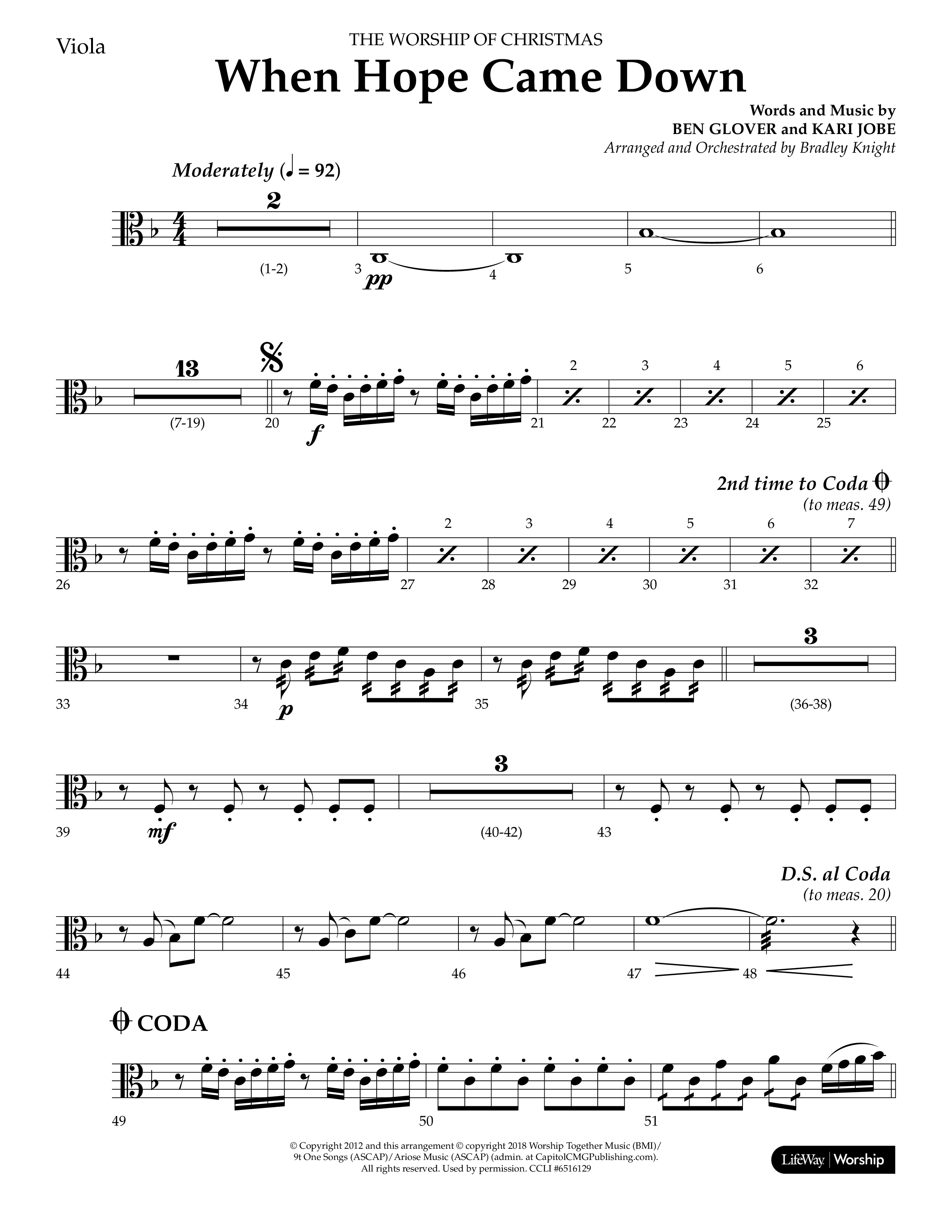 When Hope Came Down (Choral Anthem SATB) Viola (Lifeway Choral / Arr. Bradley Knight)