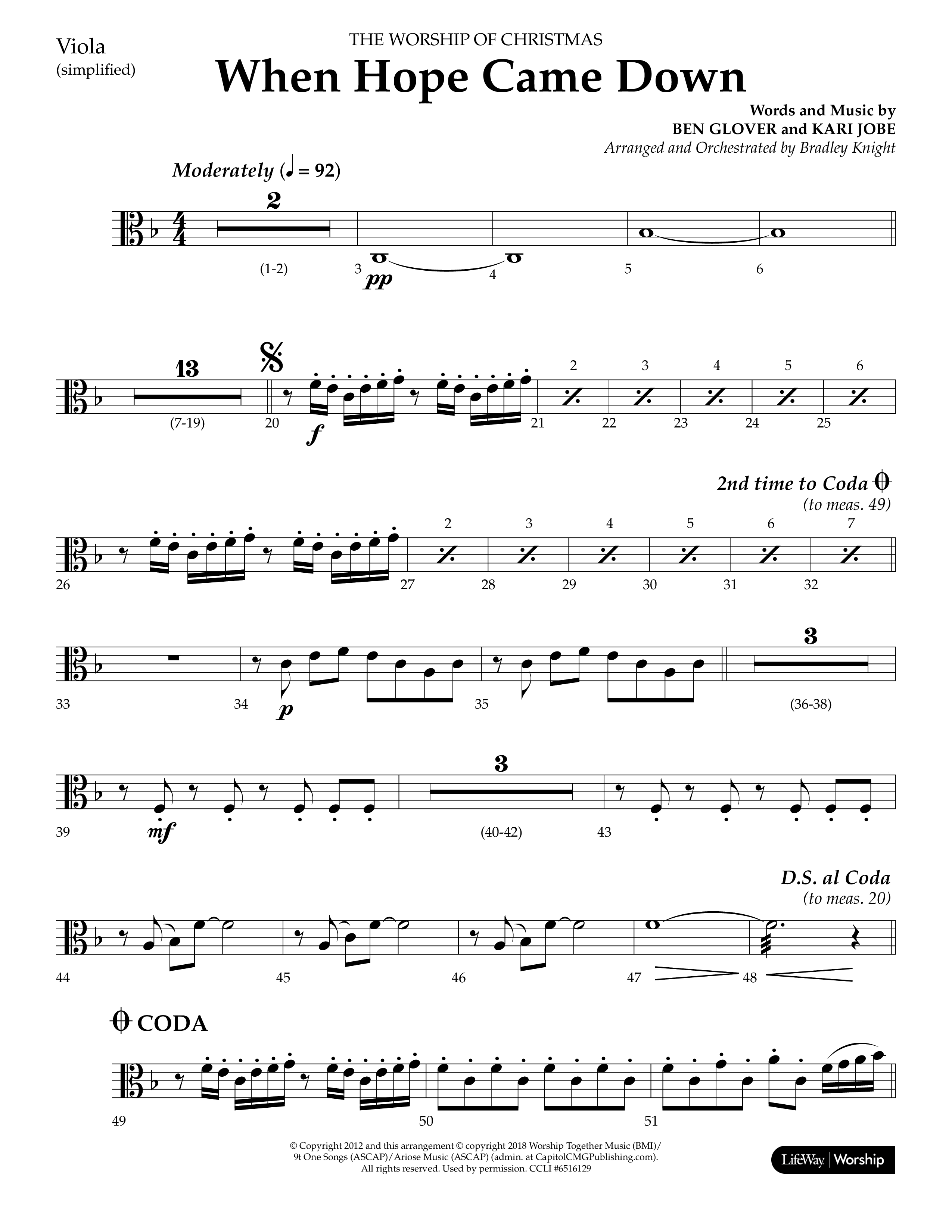 When Hope Came Down (Choral Anthem SATB) Viola (Lifeway Choral / Arr. Bradley Knight)