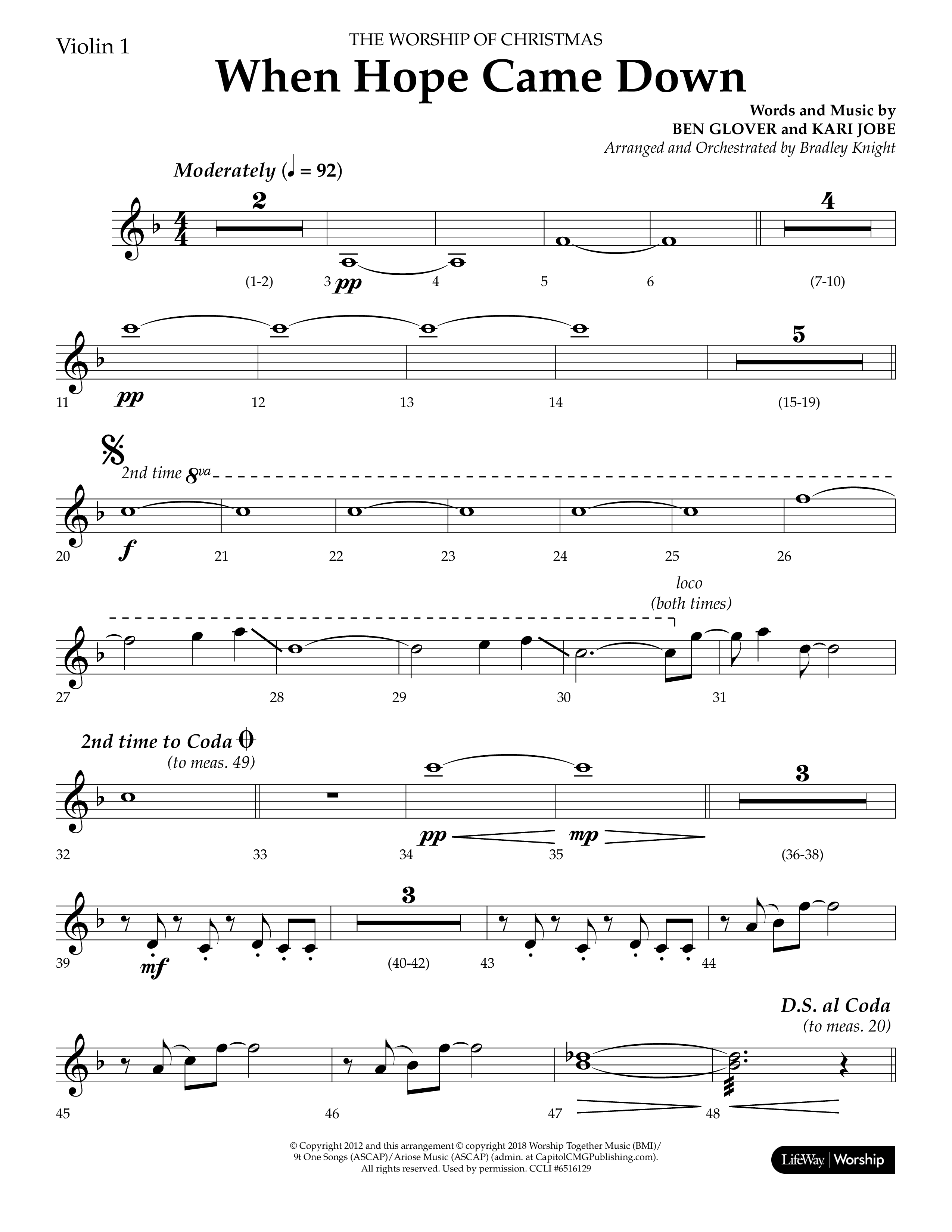 When Hope Came Down (Choral Anthem SATB) Violin 1 (Lifeway Choral / Arr. Bradley Knight)