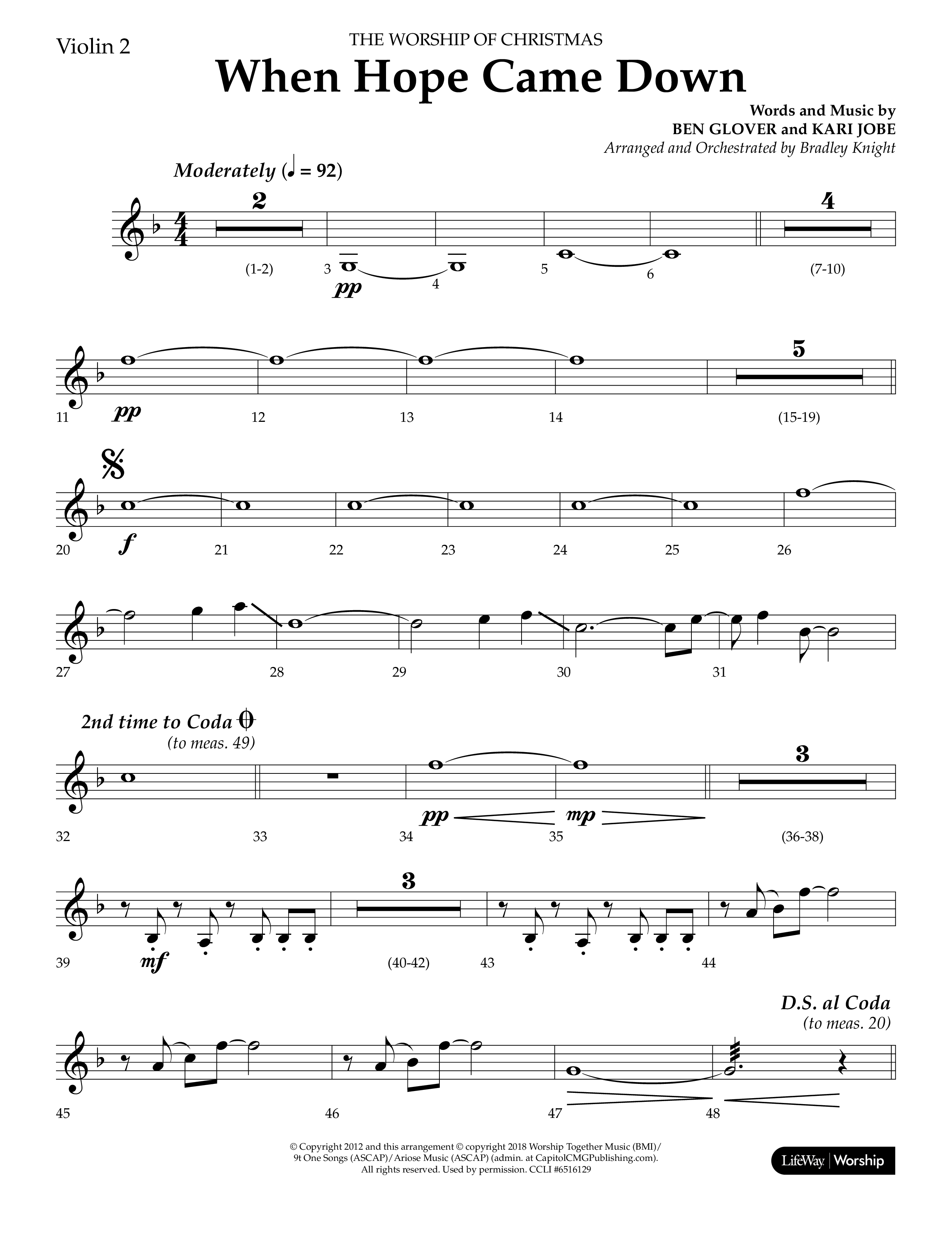 When Hope Came Down (Choral Anthem SATB) Violin 2 (Lifeway Choral / Arr. Bradley Knight)