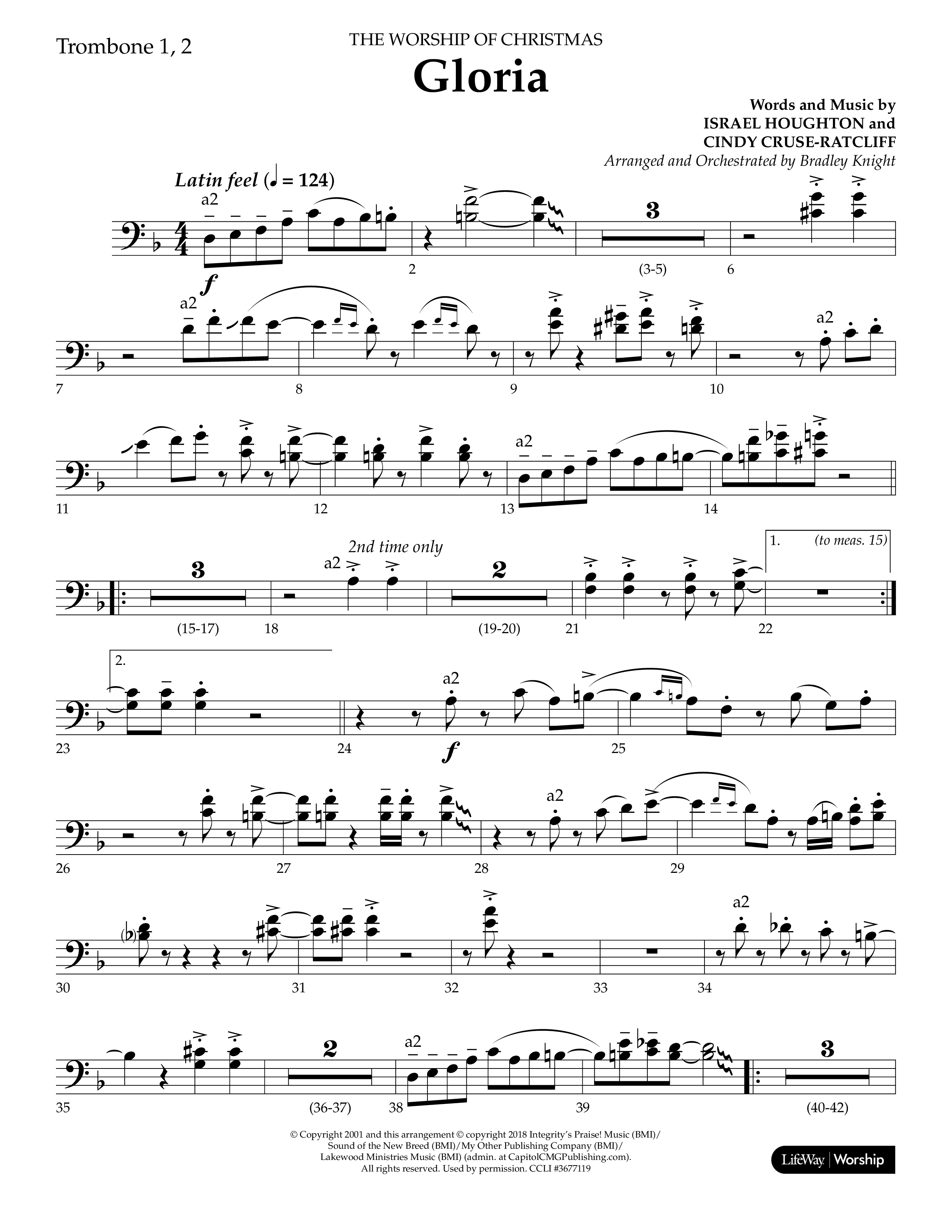 Gloria (Choral Anthem SATB) Trombone 1/2 (Lifeway Choral / Arr. Bradley Knight)