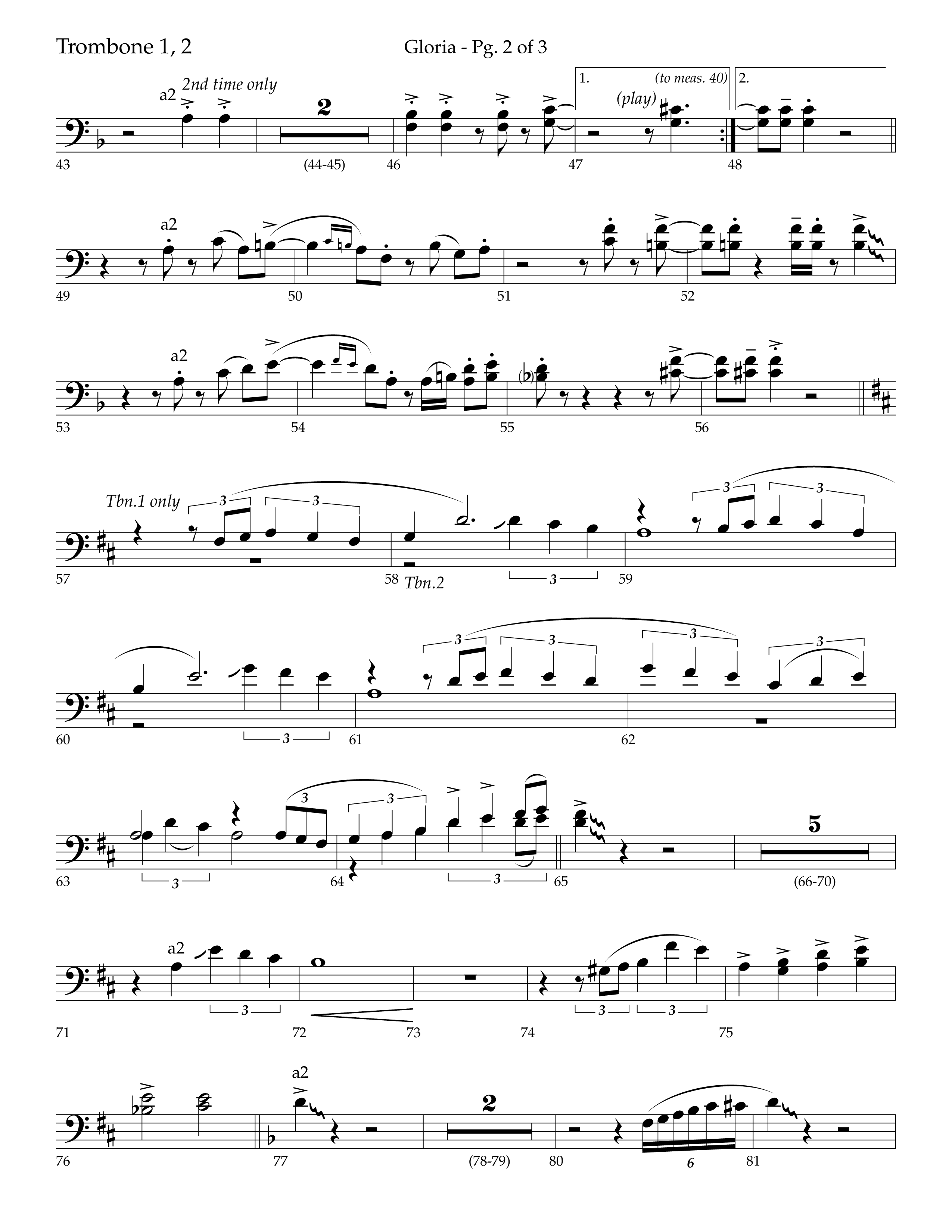 Gloria (Choral Anthem SATB) Trombone 1/2 (Lifeway Choral / Arr. Bradley Knight)
