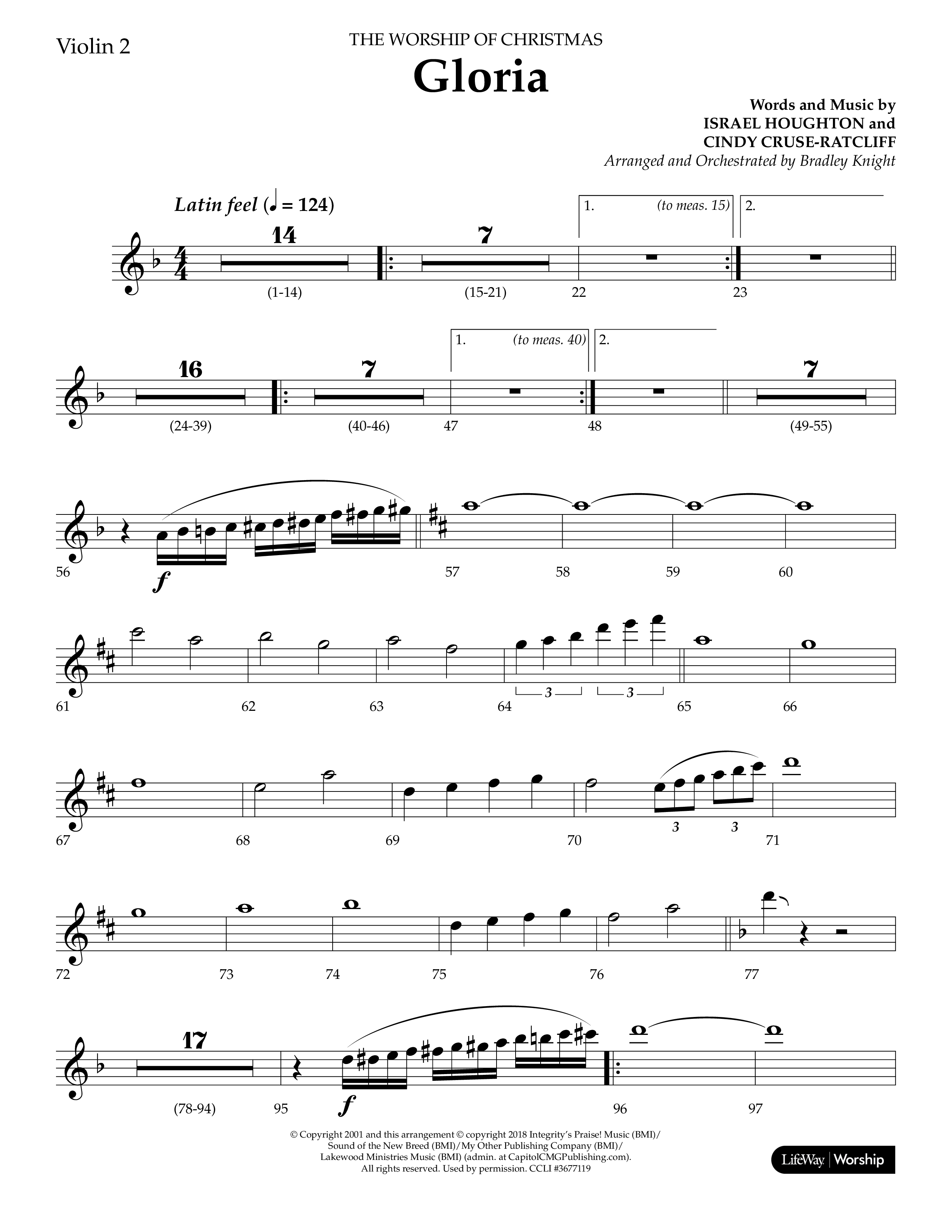 Gloria (Choral Anthem SATB) Violin 2 (Lifeway Choral / Arr. Bradley Knight)