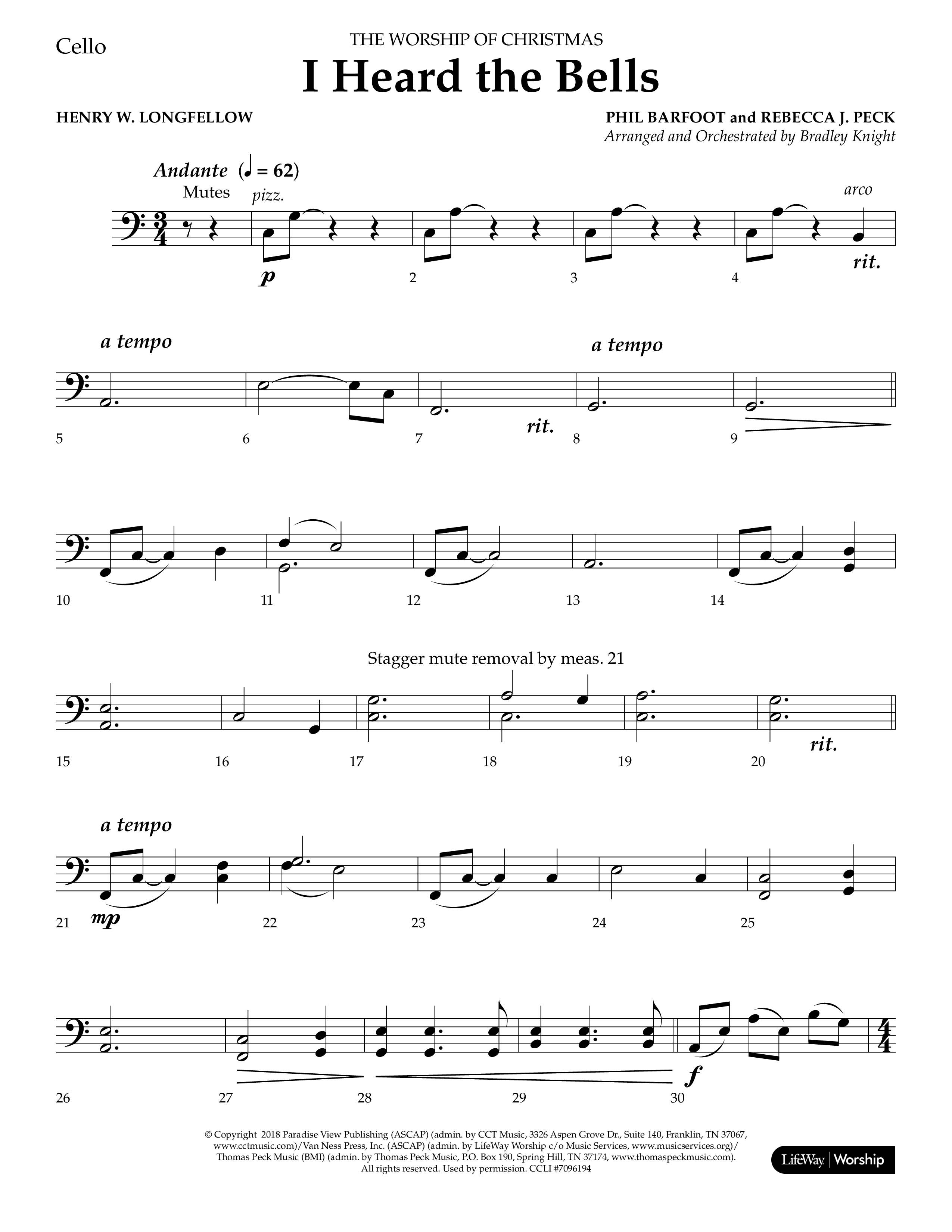 I Heard the Bells (Choral Anthem SATB) Cello (Lifeway Choral / Arr. Bradley Knight)