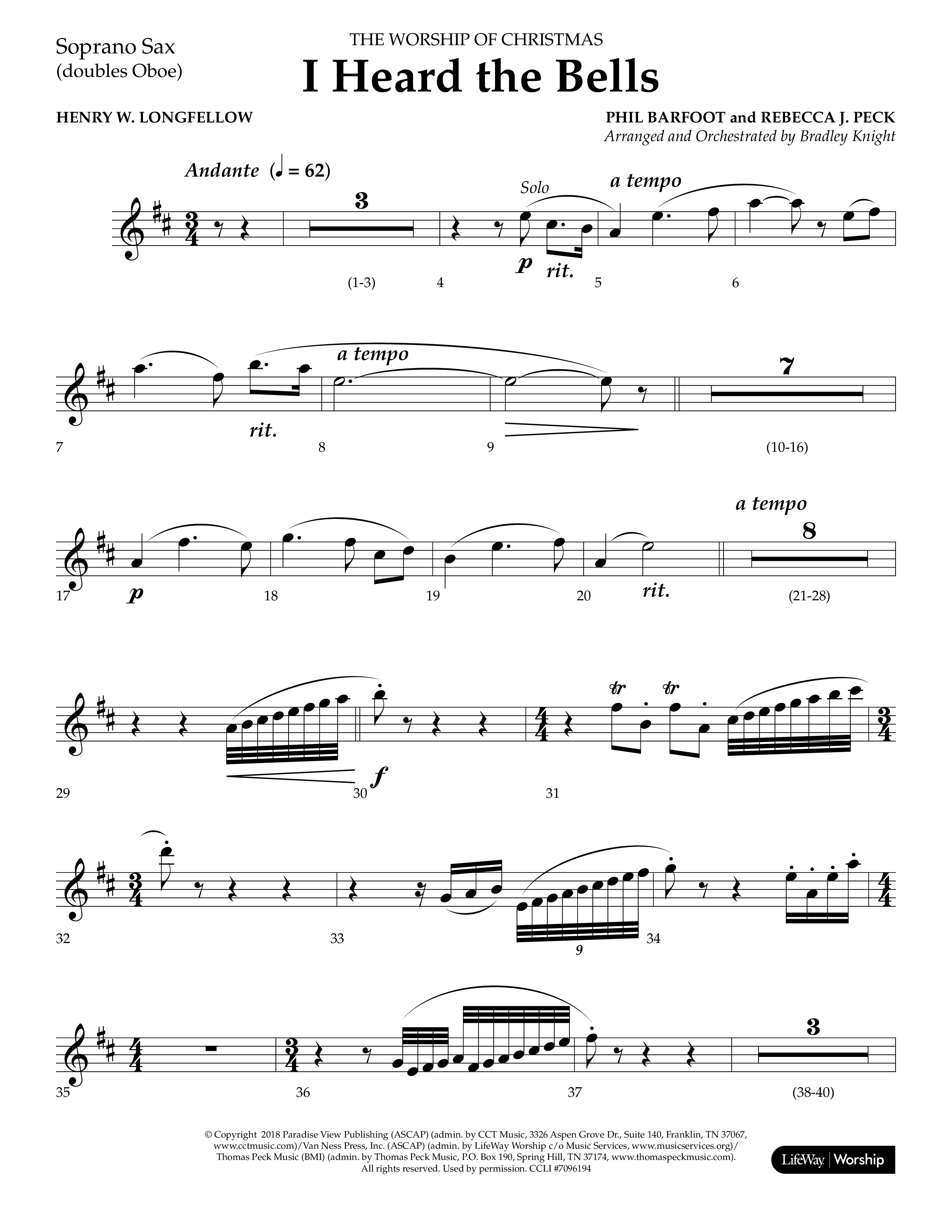 I Heard the Bells (Choral Anthem SATB) Soprano Sax (Lifeway Choral / Arr. Bradley Knight)