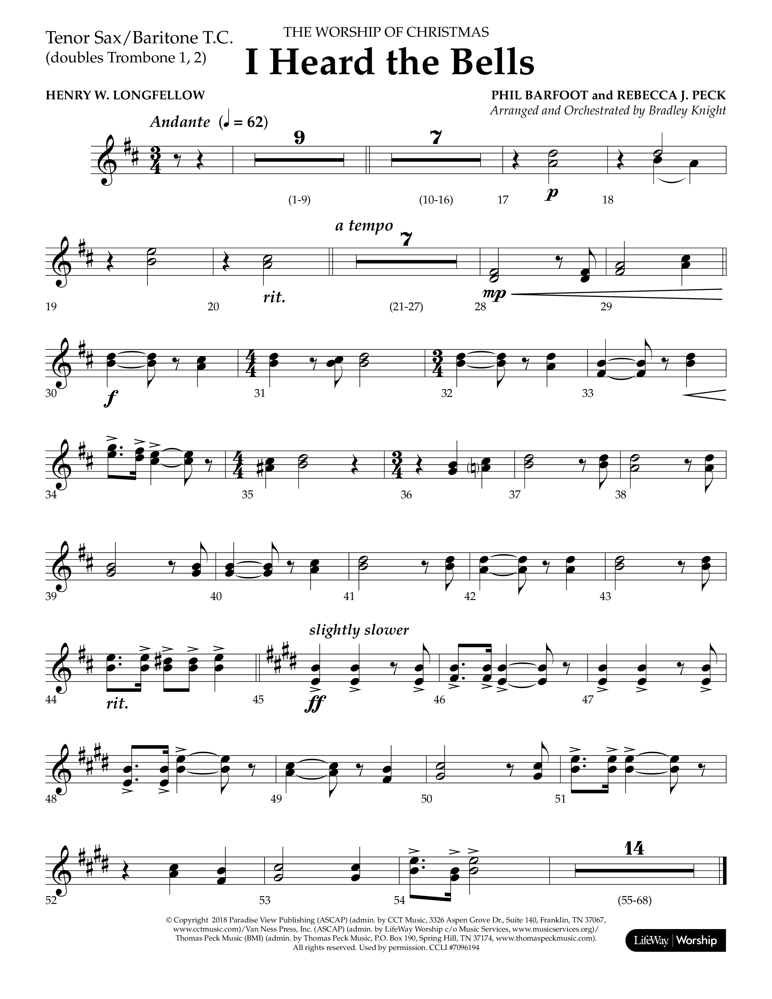 I Heard the Bells (Choral Anthem SATB) Tenor Sax/Baritone T.C. (Lifeway Choral / Arr. Bradley Knight)