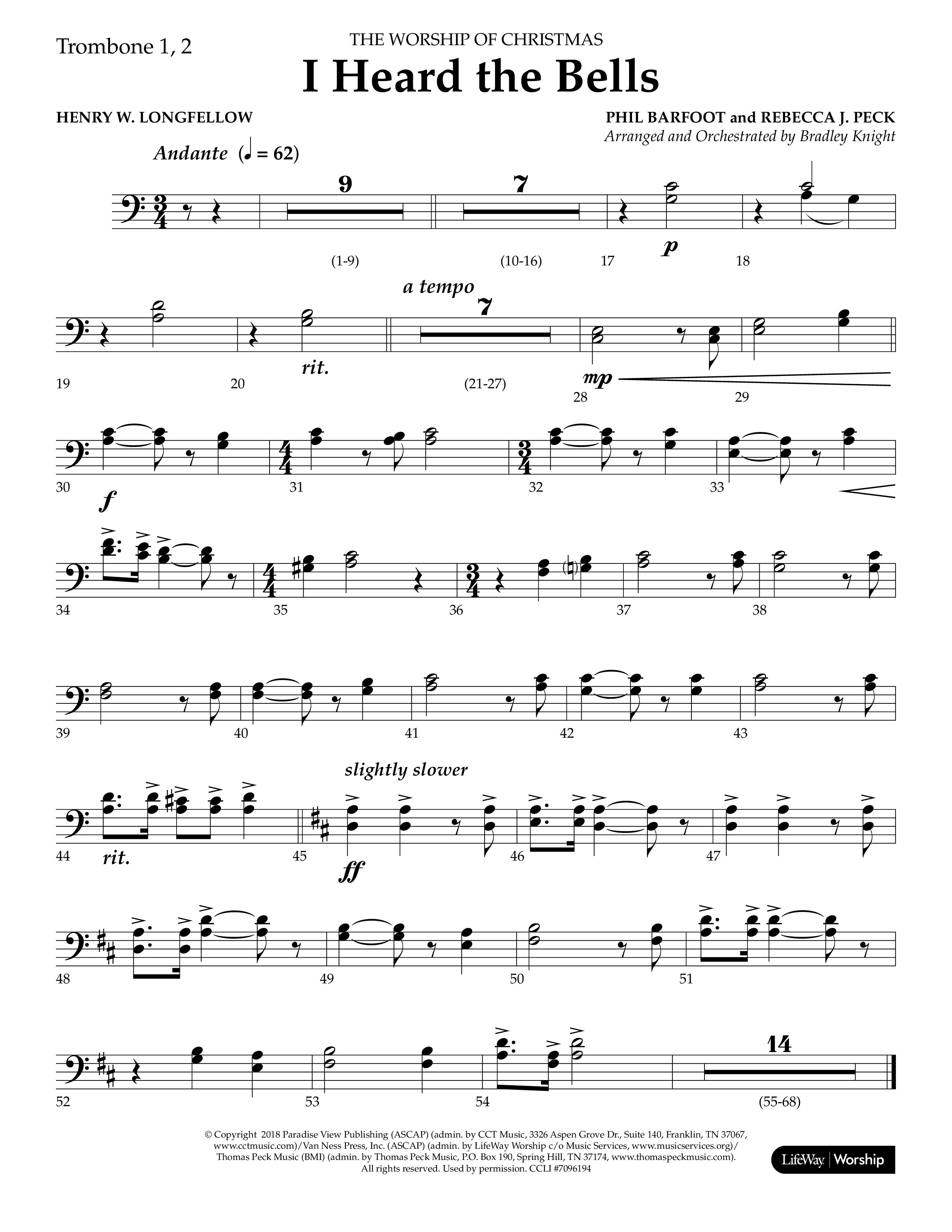 I Heard the Bells (Choral Anthem SATB) Trombone 1/2 (Lifeway Choral / Arr. Bradley Knight)
