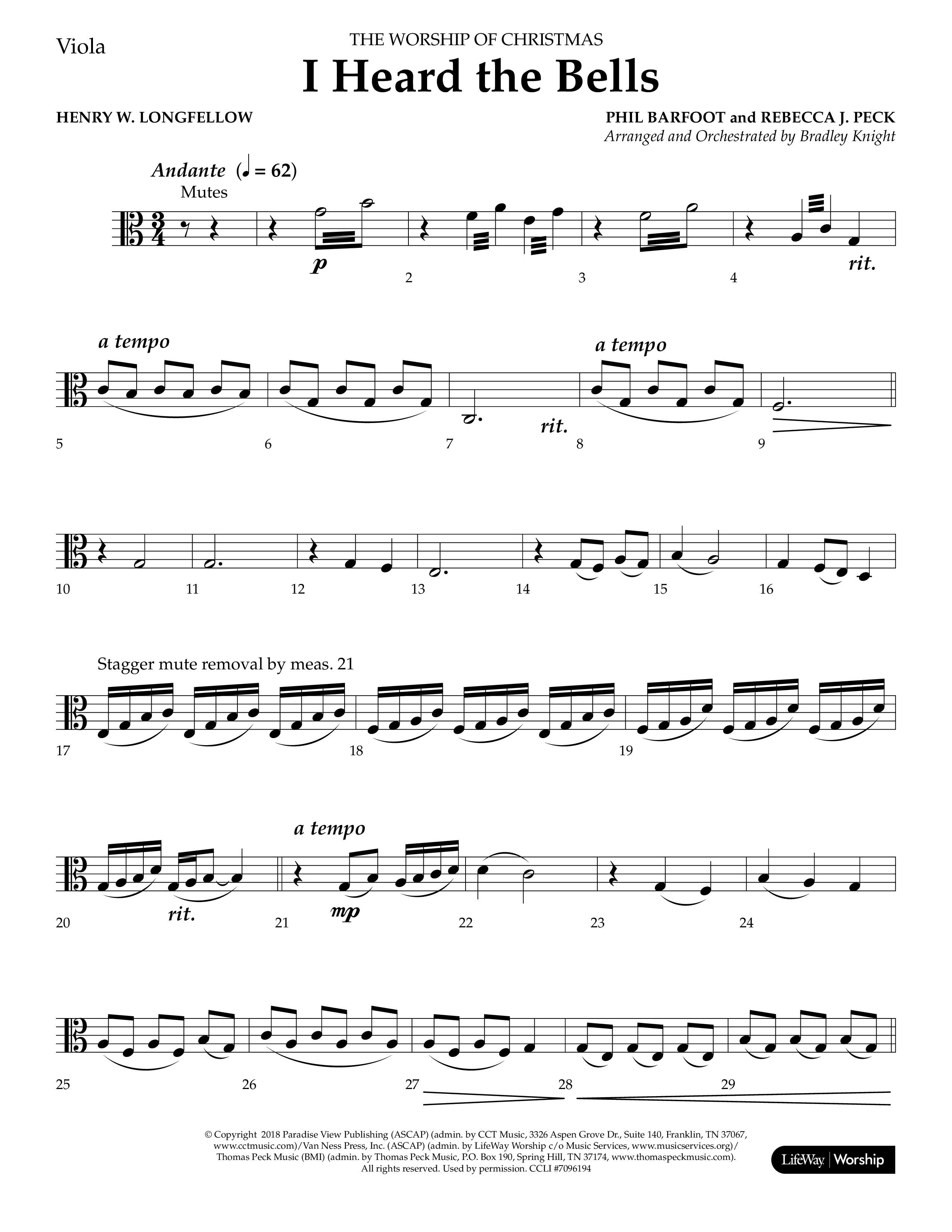 I Heard the Bells (Choral Anthem SATB) Viola (Lifeway Choral / Arr. Bradley Knight)