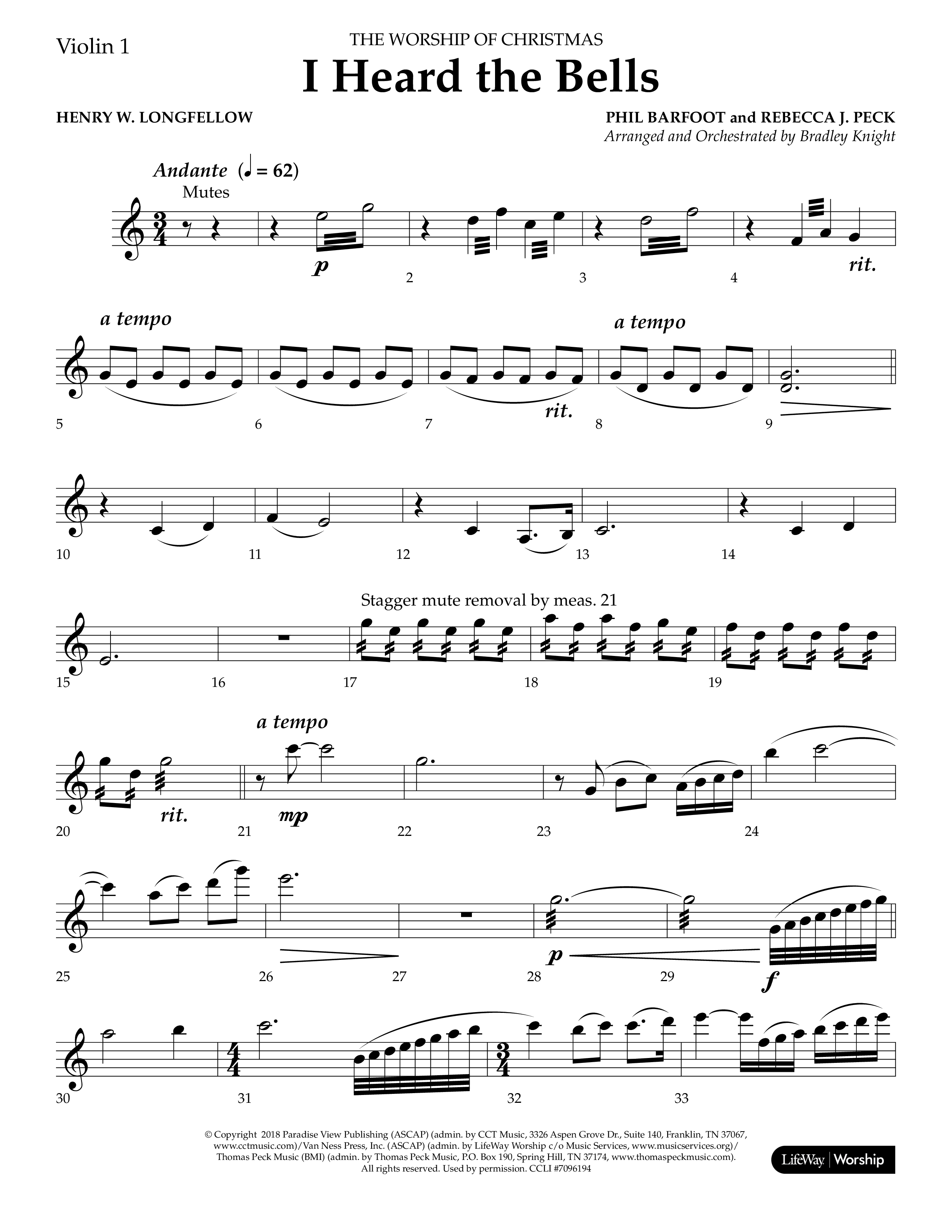 I Heard the Bells (Choral Anthem SATB) Violin 1 (Lifeway Choral / Arr. Bradley Knight)