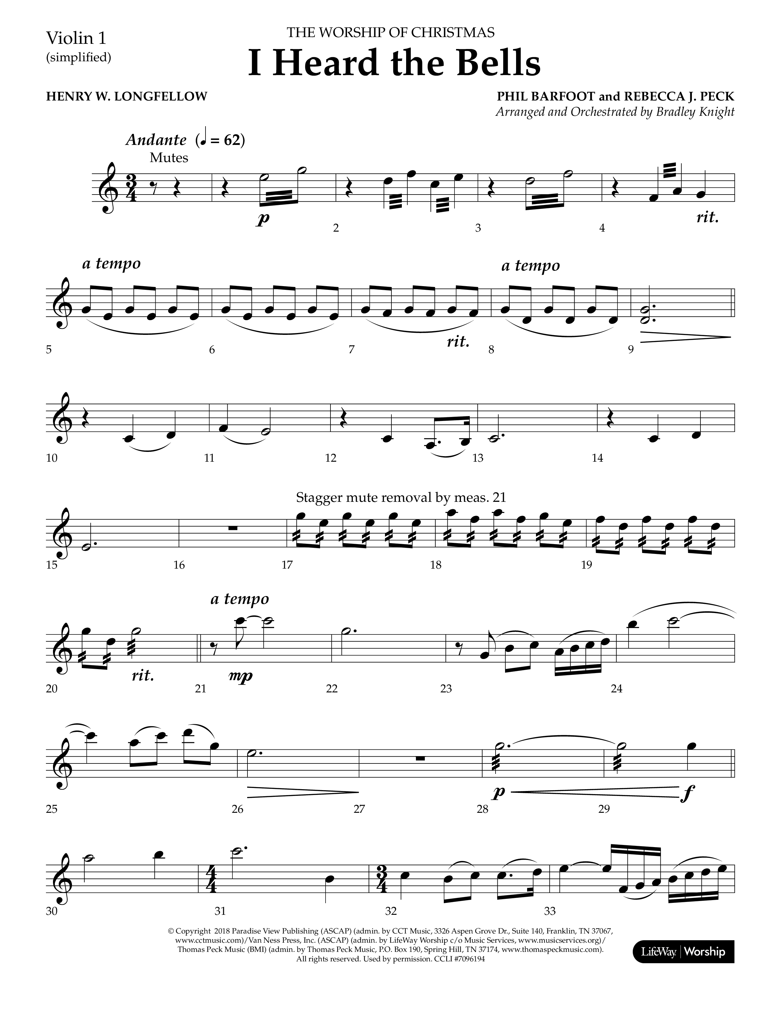 I Heard the Bells (Choral Anthem SATB) Violin 1 (Lifeway Choral / Arr. Bradley Knight)