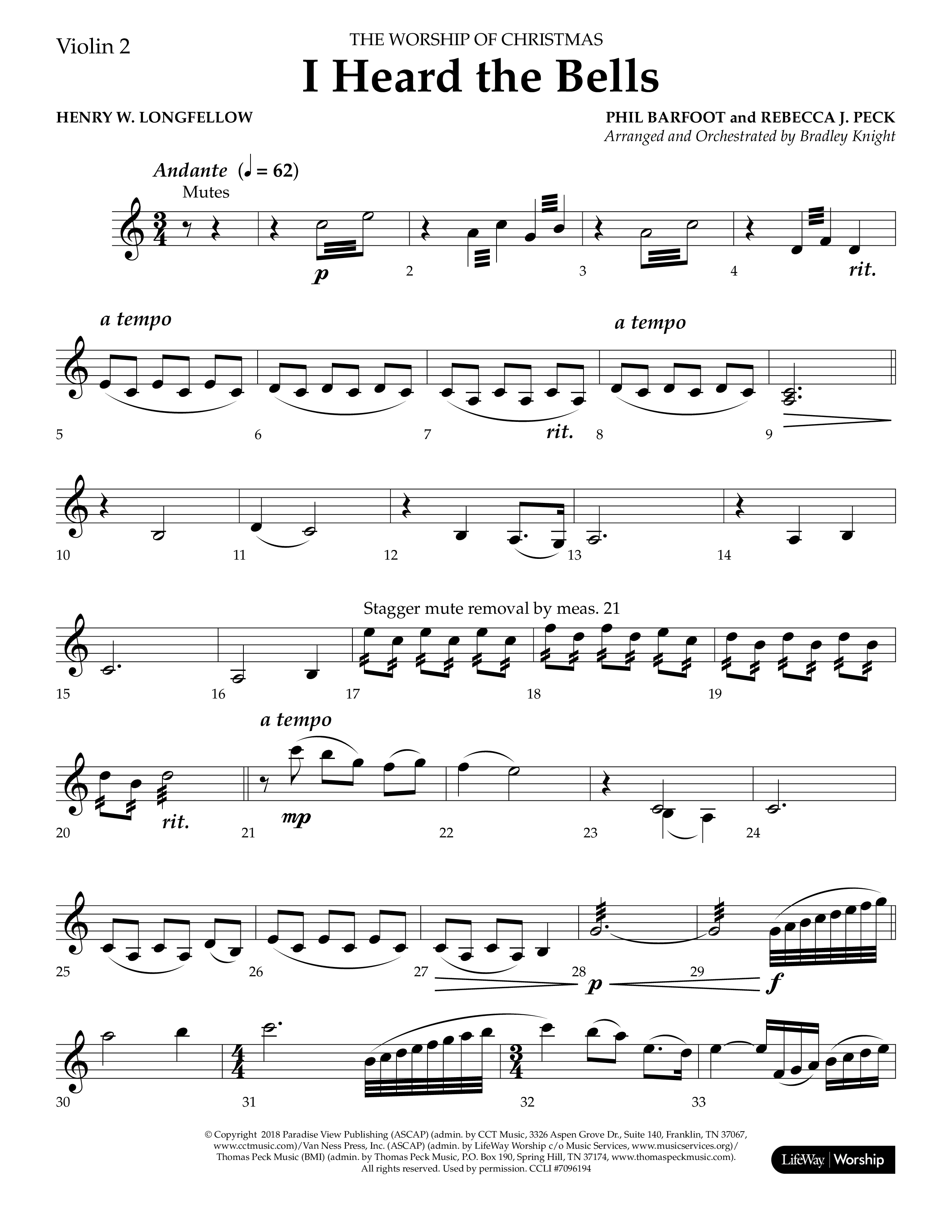 I Heard the Bells (Choral Anthem SATB) Violin 2 (Lifeway Choral / Arr. Bradley Knight)