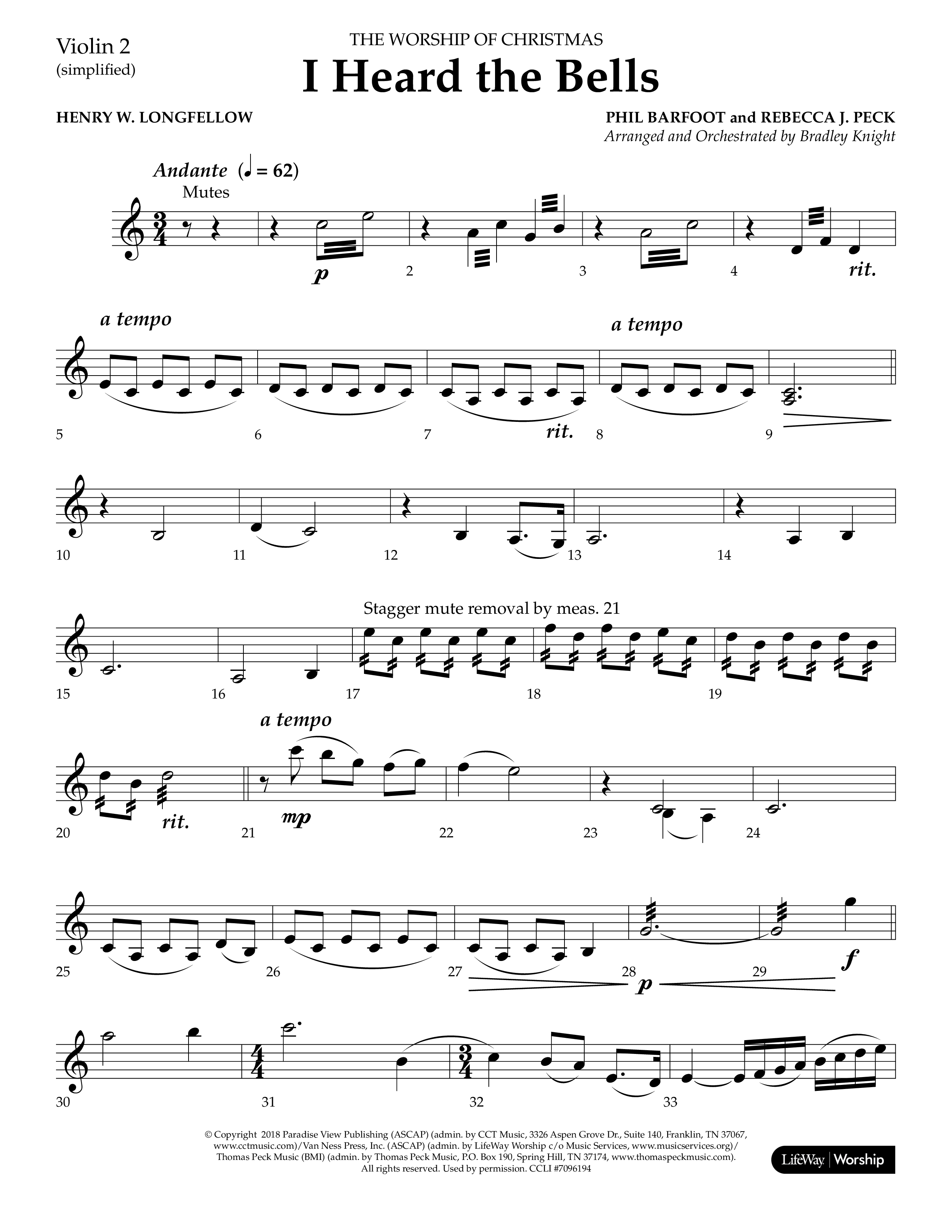 I Heard the Bells (Choral Anthem SATB) Violin 2 (Lifeway Choral / Arr. Bradley Knight)