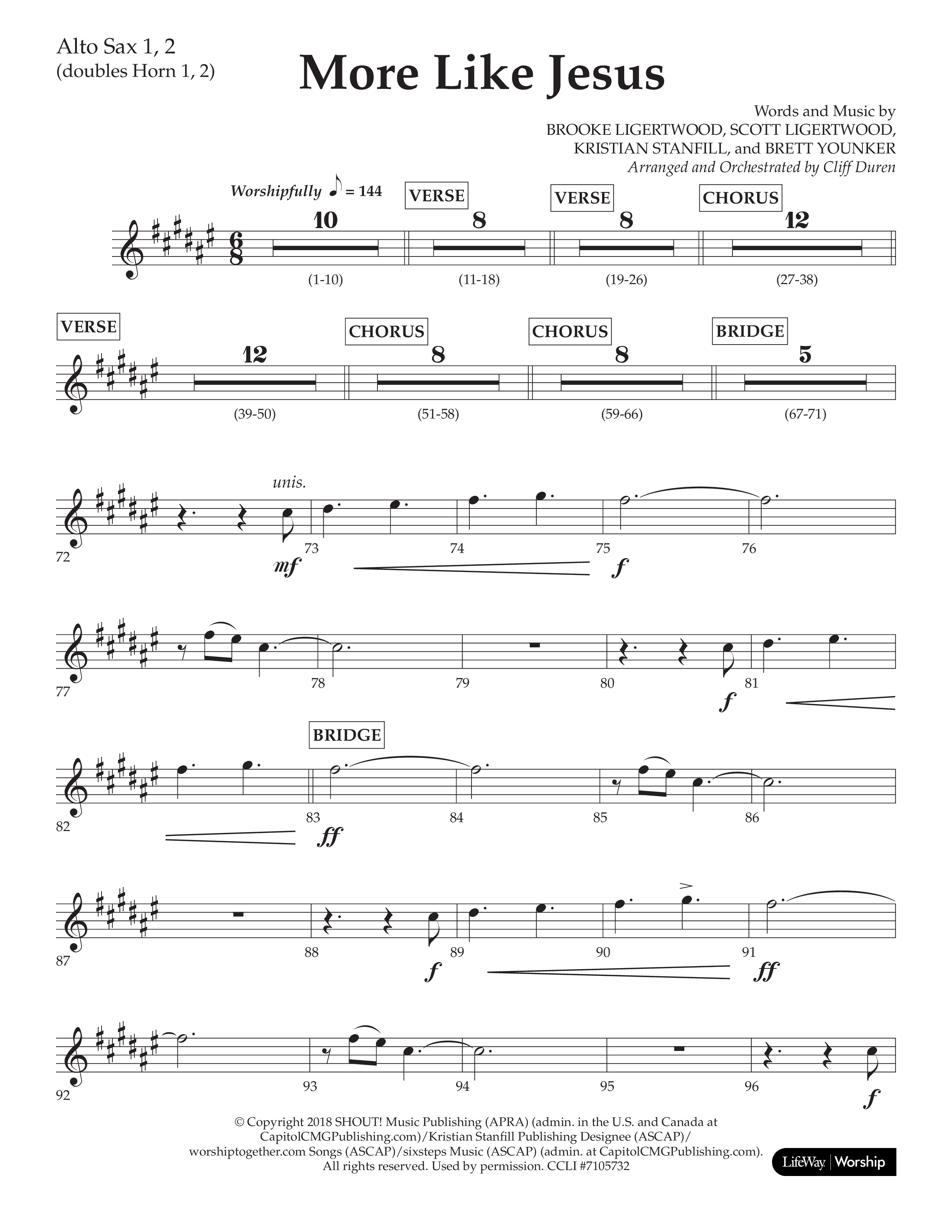 More Like Jesus (Choral Anthem SATB) Alto Sax 1/2 (Lifeway Choral / Arr. Cliff Duren)