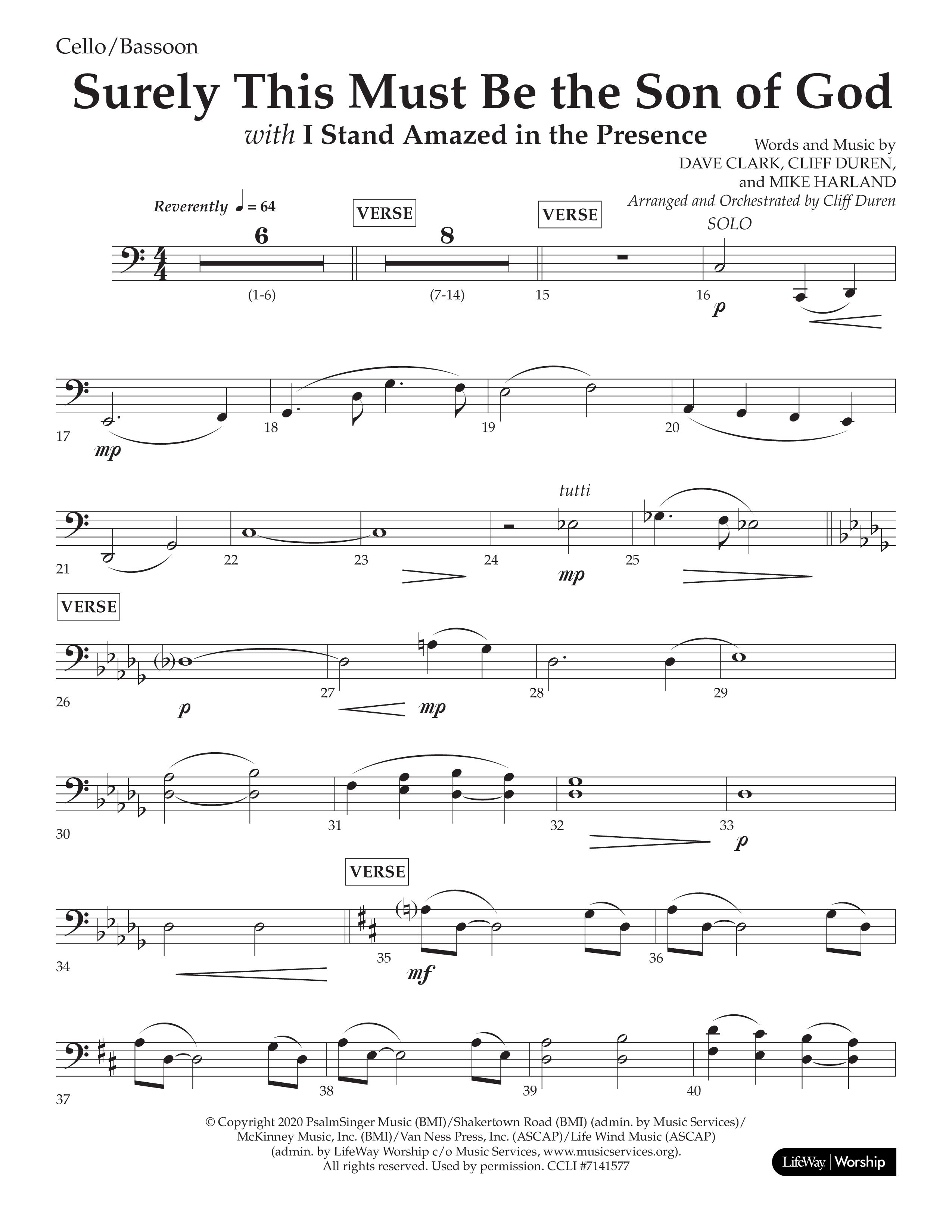 Surely This Must Be The Son Of God (with I Stand Amazed In The Presence) (Choral Anthem SATB) Cello (Lifeway Choral / Arr. Cliff Duren)