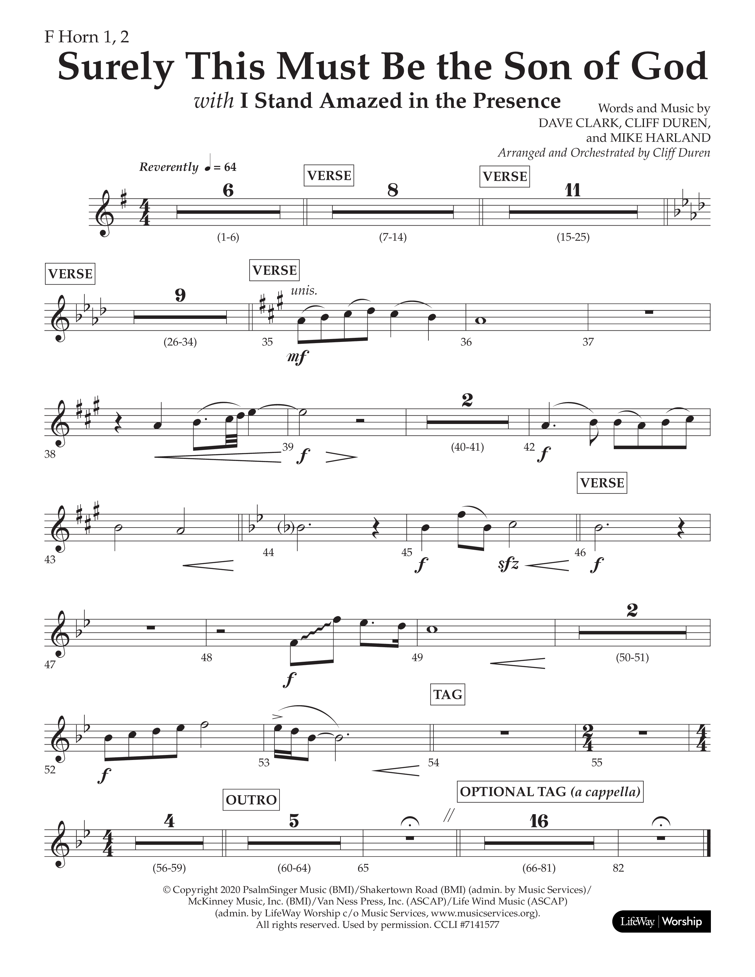 Surely This Must Be The Son Of God (with I Stand Amazed In The Presence) (Choral Anthem SATB) French Horn 1/2 (Lifeway Choral / Arr. Cliff Duren)