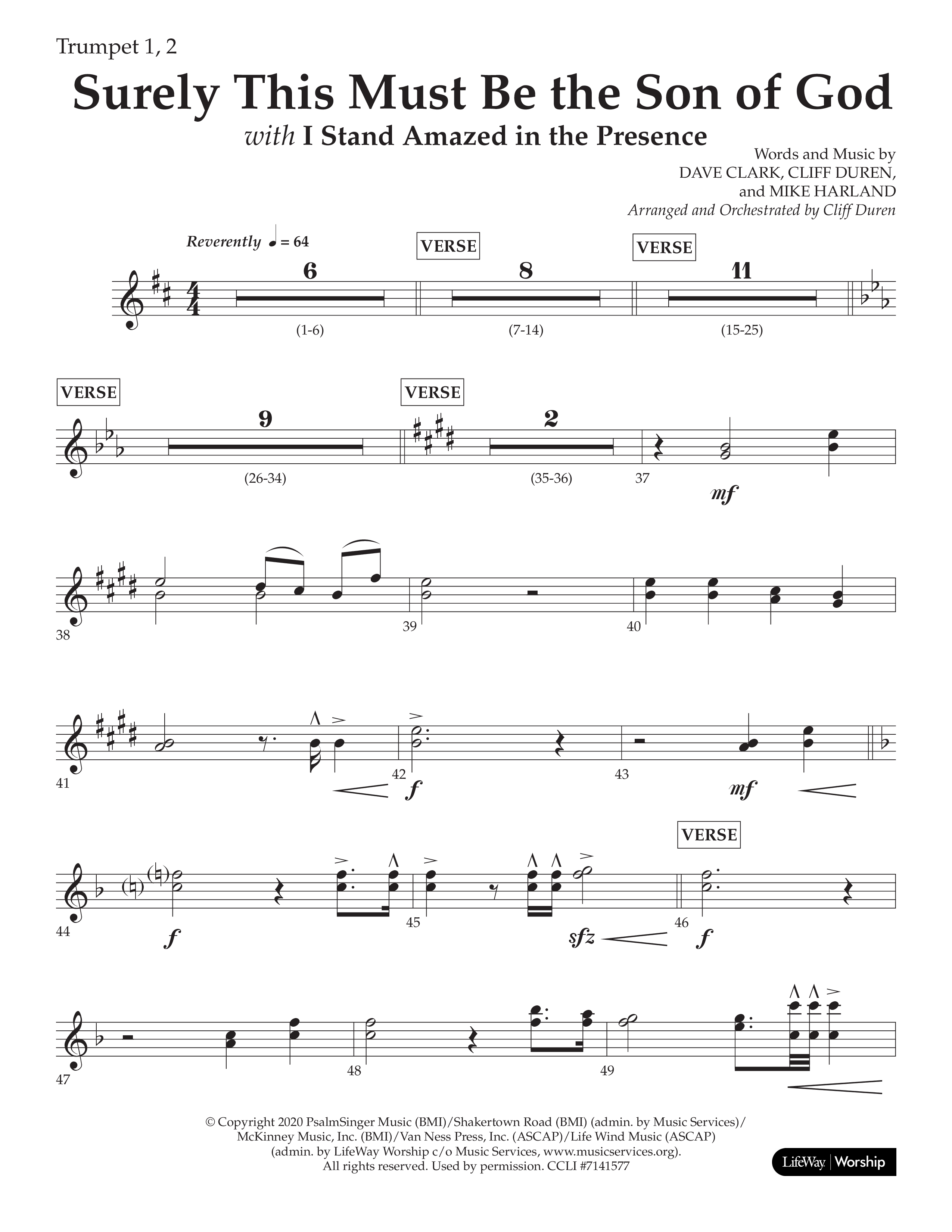 Surely This Must Be The Son Of God (with I Stand Amazed In The Presence) (Choral Anthem SATB) Trumpet 1,2 (Lifeway Choral / Arr. Cliff Duren)