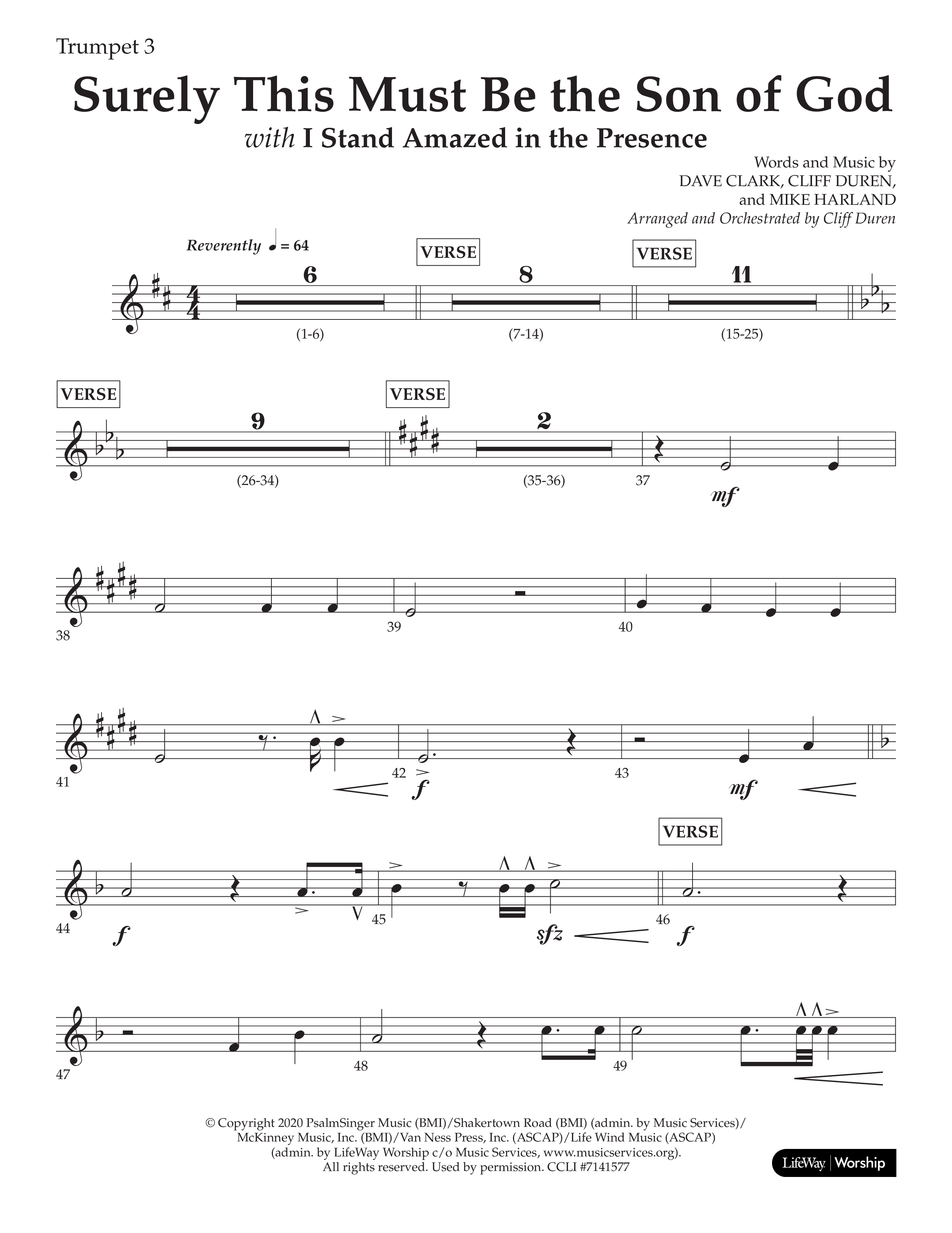 Surely This Must Be The Son Of God (with I Stand Amazed In The Presence) (Choral Anthem SATB) Trumpet 3 (Lifeway Choral / Arr. Cliff Duren)