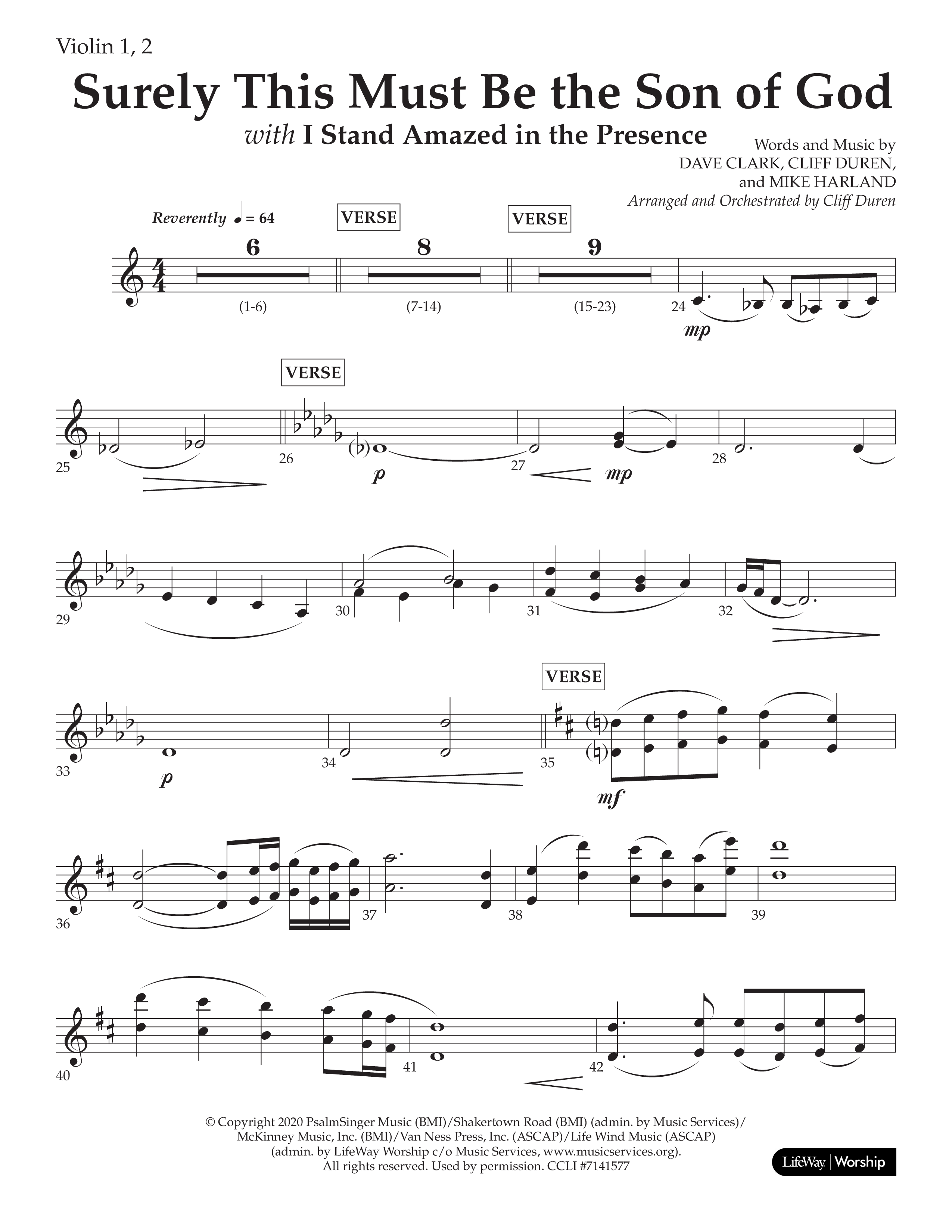 Surely This Must Be The Son Of God (with I Stand Amazed In The Presence) (Choral Anthem SATB) Violin 1/2 (Lifeway Choral / Arr. Cliff Duren)