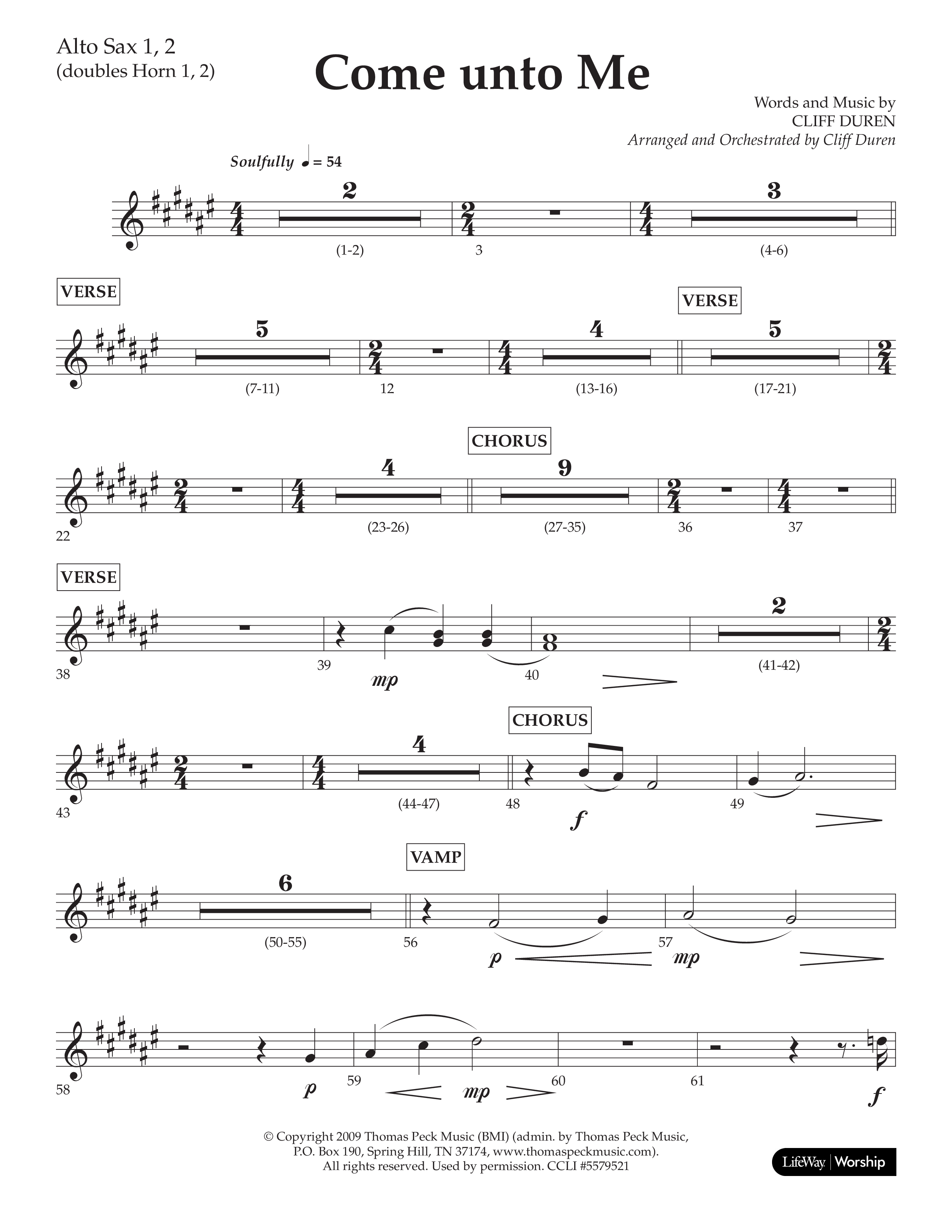 Come Unto Me (Choral Anthem SATB) Alto Sax 1/2 (Lifeway Choral / Arr. Cliff Duren)