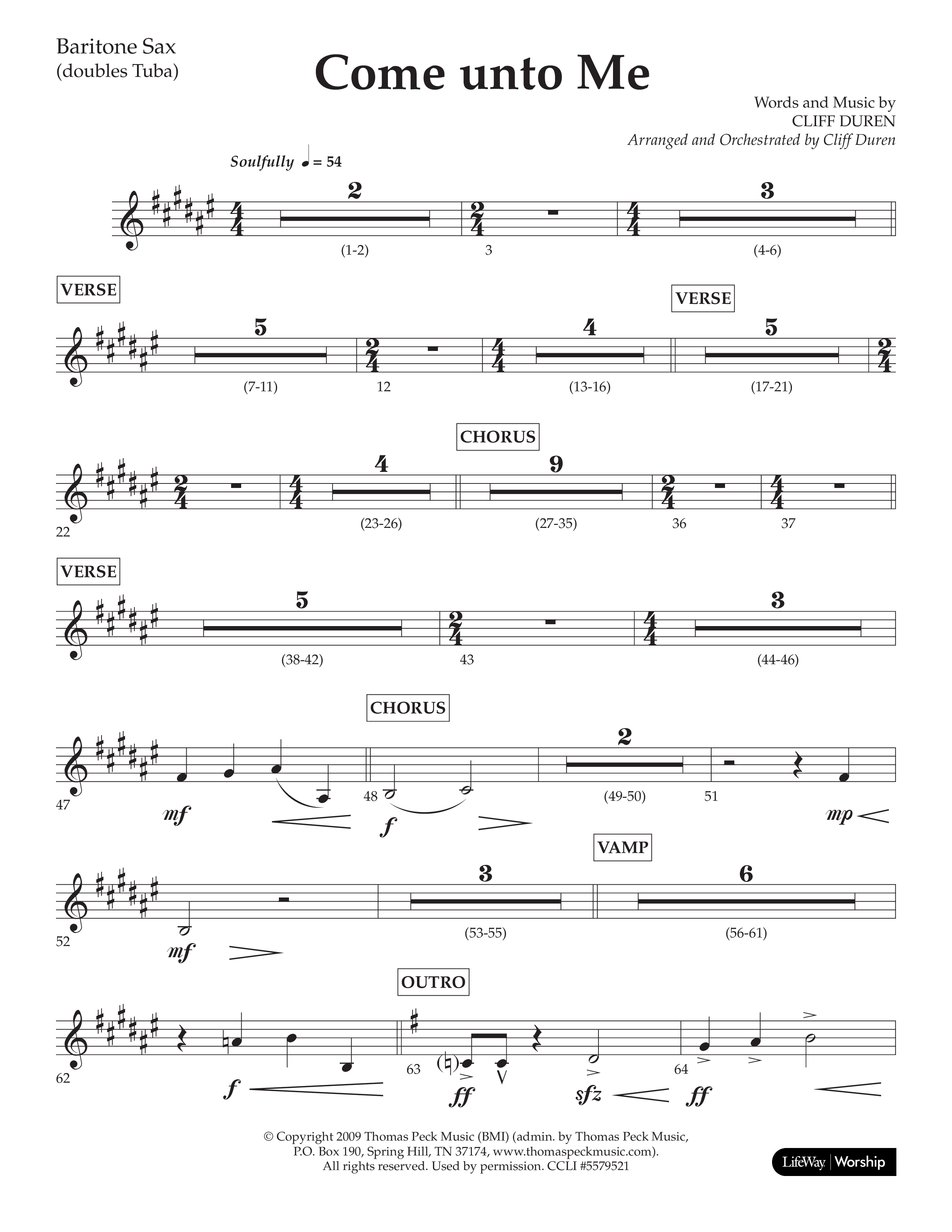 Come Unto Me (Choral Anthem SATB) Bari Sax (Lifeway Choral / Arr. Cliff Duren)